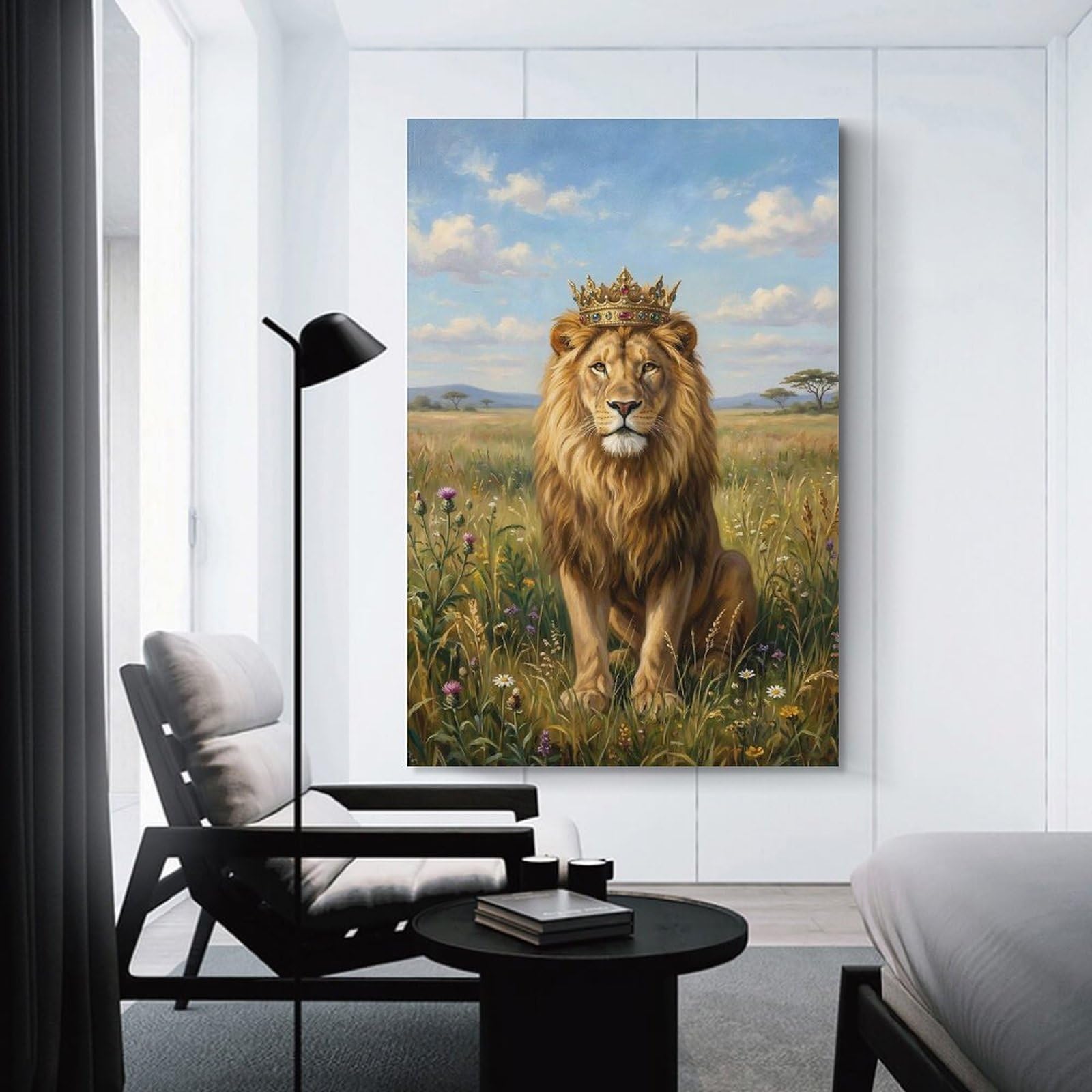 Junmoney Lion King with Crown in Savannah Home Decor Wall Art, 24x36inch(60x90cm), for Apartments, Flats Or New Home Decor, An Easy Choice for New Home Styling