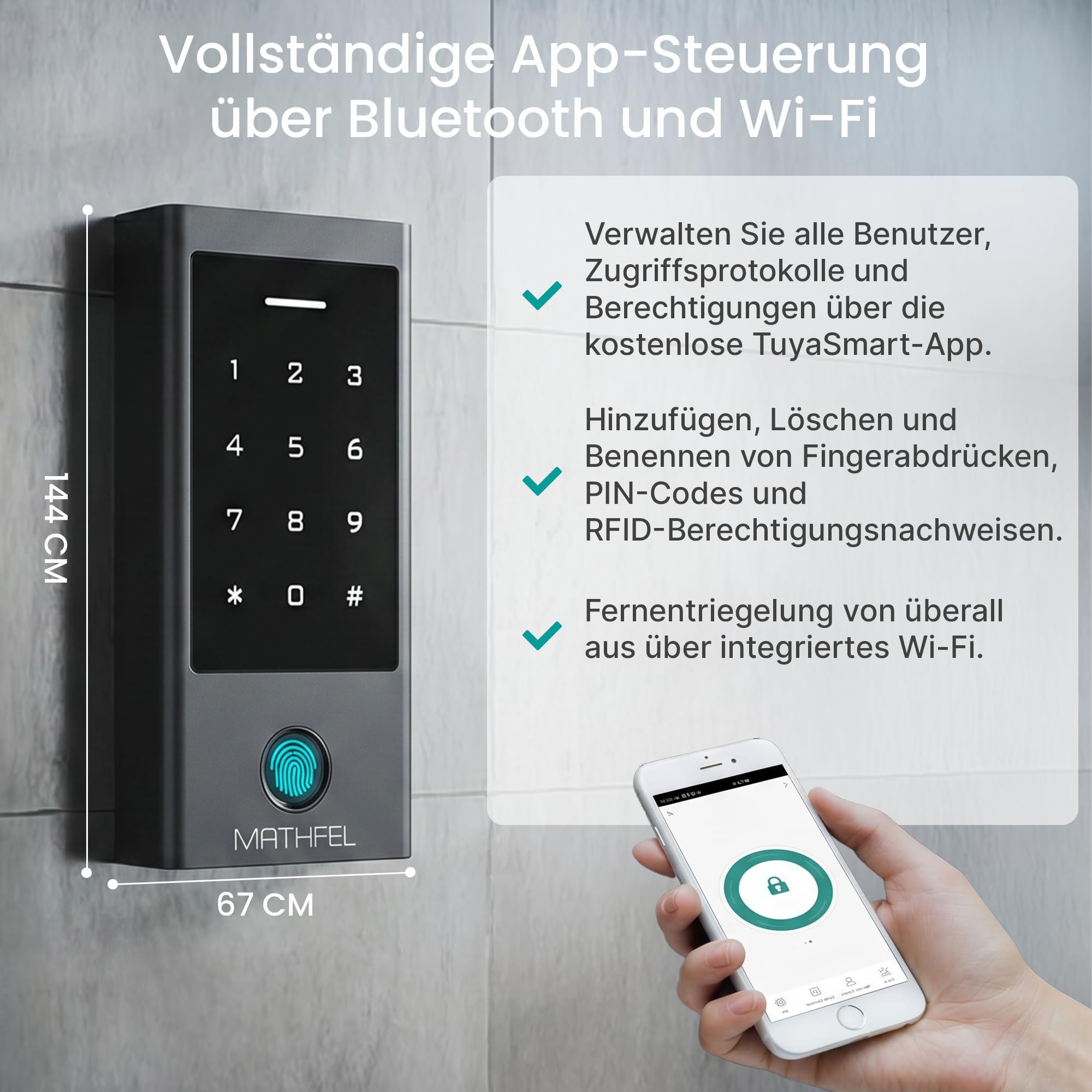 MATHFEL Smart Lock Zugangssystem mit Fingerabdruck & RFID – Elektronisches Türschloss für Haustür, IP66, Code & Transponder, Elektrisches Türschloss Außen, Automatisches Smartes Türschloss