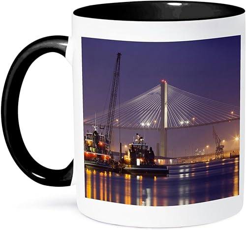 3dRose Georgia, Talmadge Bridge, remolcadores, Savannah River-US11 JWL0430-Joanne Wells - Taza de dos tonos, 11 onzas, negroblanco