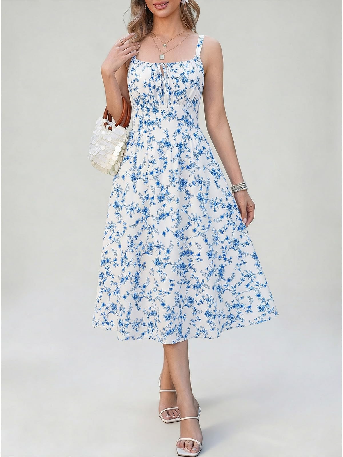 Cicy Bell Damen Sommerkleid Blumenmuster Maxikleid Ärmellos Strandkleid Elegant Taillert Kleider Spaghetti Trägerkleid