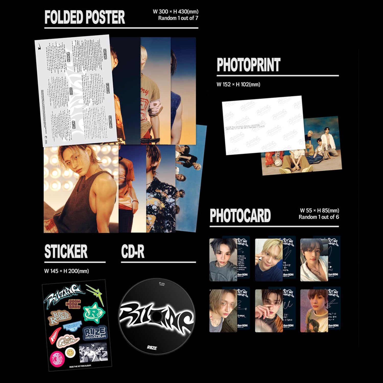 RIIZE - 1st Mini Album [RIIZING] (Photo Book Ver. - RIIZING DAY Ver.) Cover + Photo Book + Folded Poster + Photoprint + Sticker R + Photocard + 3 Extra Photocards