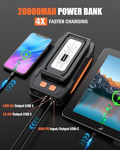 Miniatura 4 de BIZEWO Paquete de baterías de arranque, carga rápida de 60 W, batería de coche de pico de 2000 A, arrancador portátil para motores de gasolina de