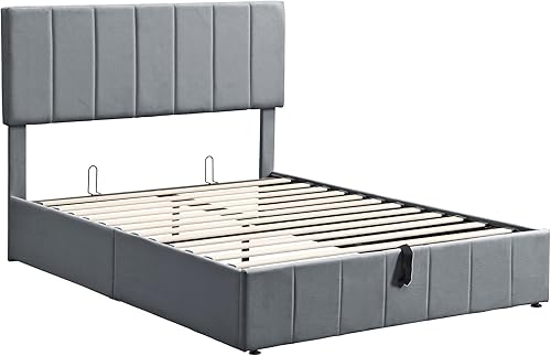 Miniatura 48 de Base de cama LED tapizada tamaño Queen, plataforma flotante de terciopelo con cabecero, MDF moderna y cama de madera contrachapada (beige-081)