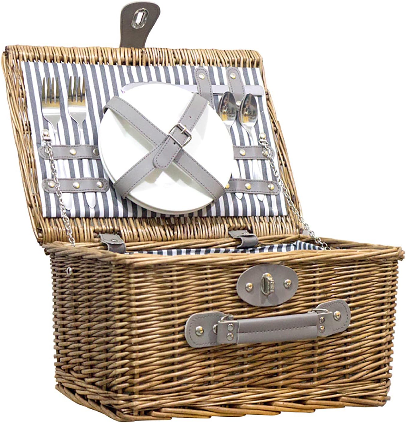Picnic Basket Set 2 Person Wicker Picnicr with Ceramic Plates,Cutlery,Ceramic Cup,Corkscrew,Picnic Blanket for Camping,Outdoor,Valentine Day,Chirtmas,Thanks Giving,Birthday. (B 37 * 27 * 19cm)