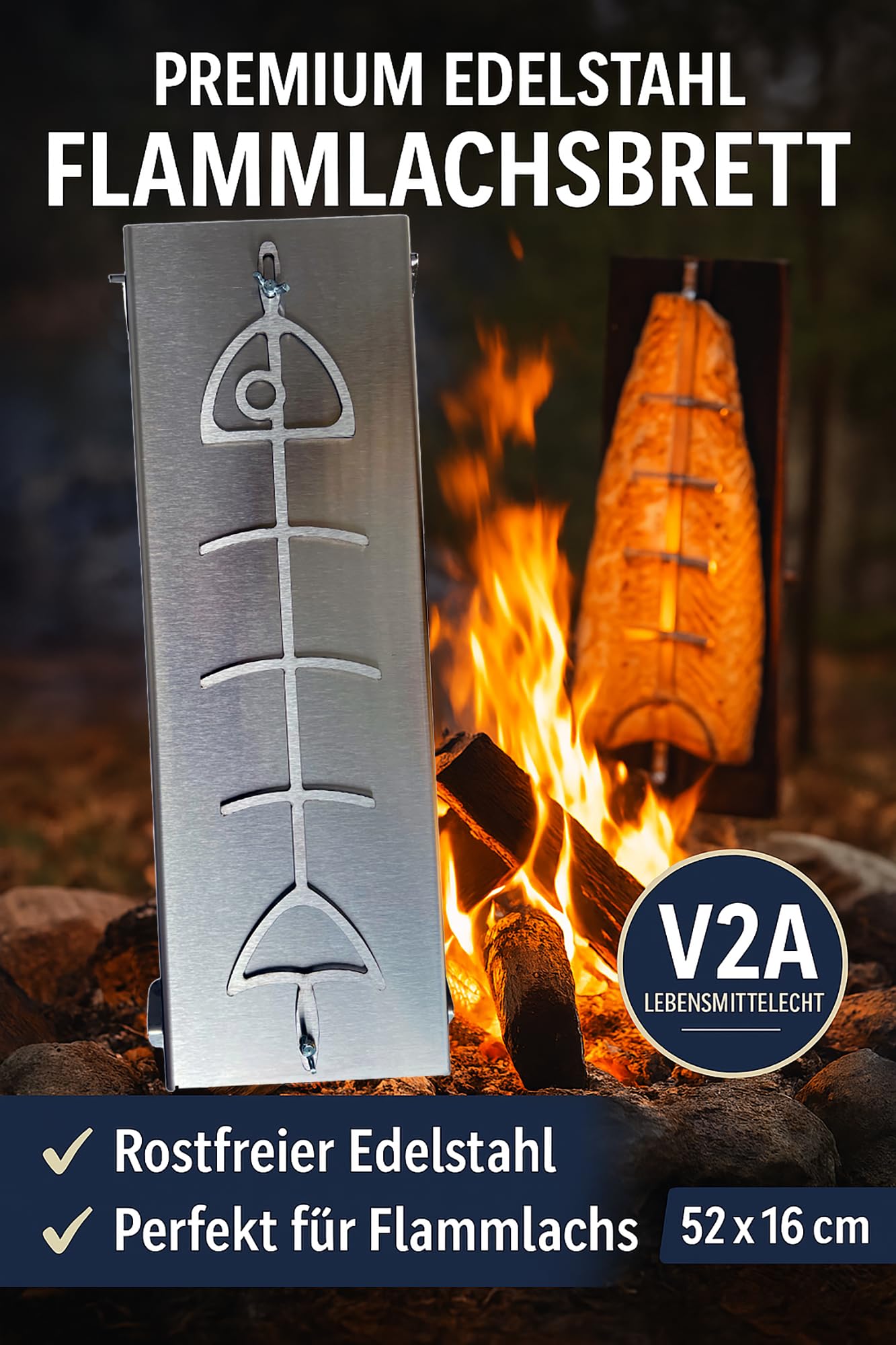Flammlachsbrett Flammlachshalter Edelstahl mit Schienen (Lebensmittelecht V2A AISI 304) Rostfrei, Verstellbare Halterung 180° drehbar, Perfekt für Feuerschalen (Lieferung ohne Feuerschale)