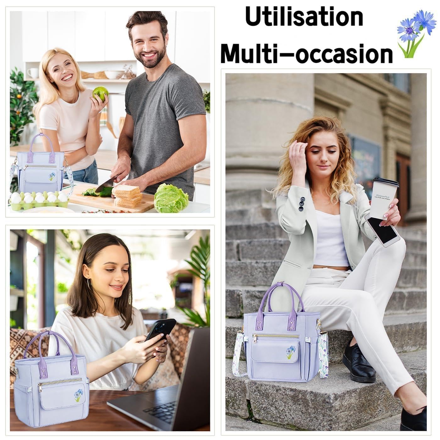 Hihealer Sac Repas Isotherme Femme avec Motif Floral Unique - Grand Sac Étanche à Plusieurs Poches avec Bandoulière Amovible pour Travail/Pique-Nique/Cadeau Femme