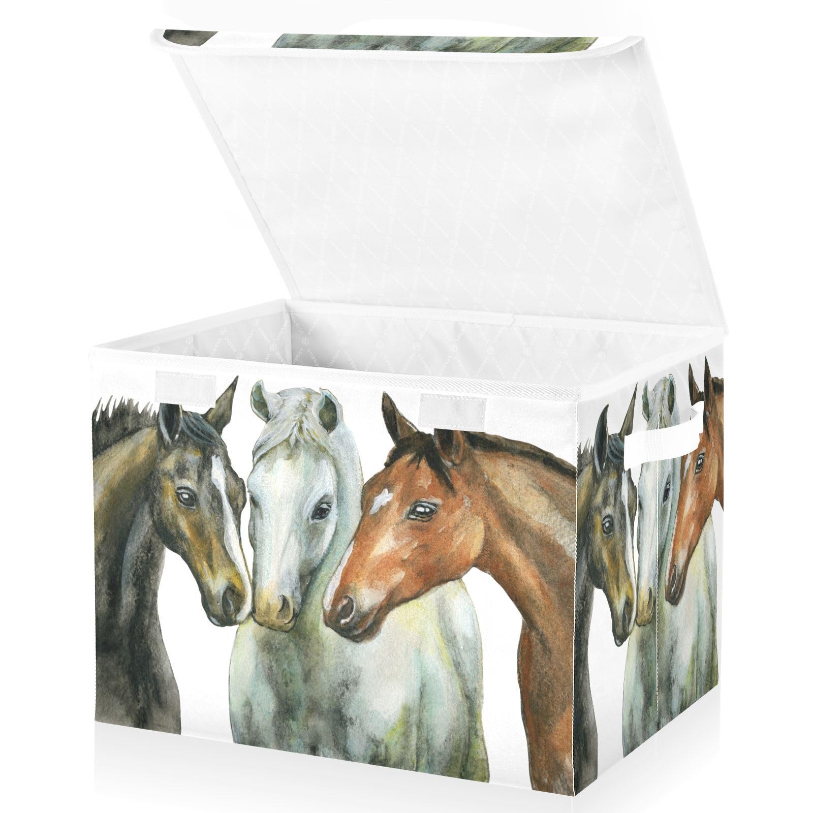 Mnsruu Scatola Portaoggetti Con Coperchio, Motivo Cavallo Marrone Ad Acquerello, In Tessuto Oxford E PE 300D. Dimensioni 42x32x30 Cm, Grande Capacità, Maniglie, Impilabile. Per Casa, Armadio, Giochi.