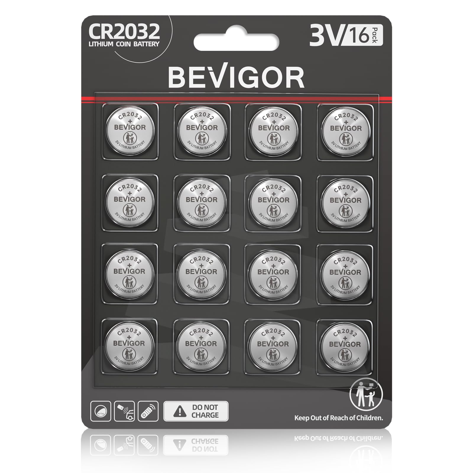 BEVIGOR 2032 Battery Compatible with Apple AirTag CR2032 Lithium 3V Coin Battery for Child Safety, Suitable for Key Fobs, Smart Sensors, Scales, Candles and More (CR2032-16)