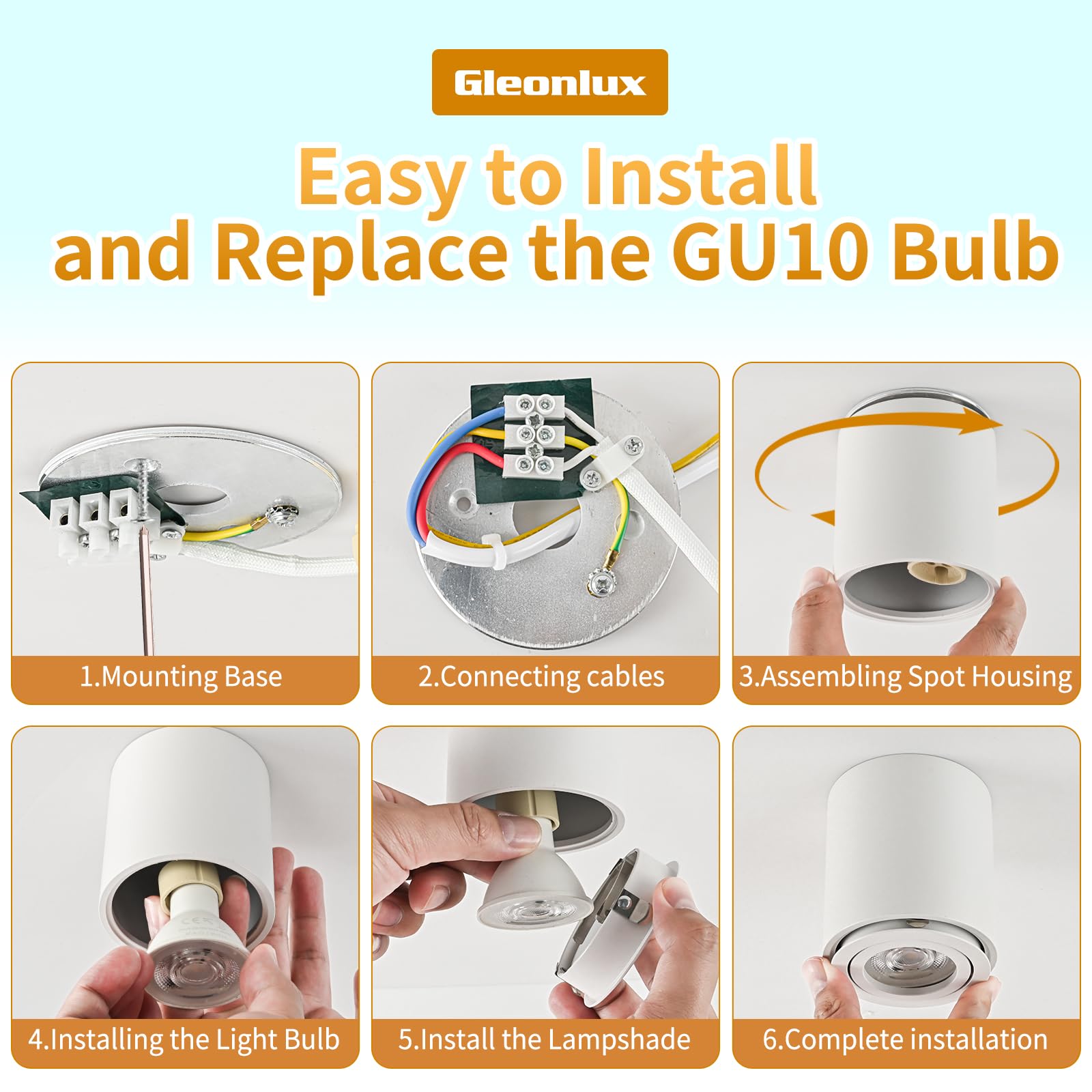 Spots de Plafond GU10 orientable Blanc 6 Pcs, Spot en Saillie 230V Cadre avec GU10 douille LED éclairage plat aluminium rond Ceiling Downlight, Plafonnier salle de bain