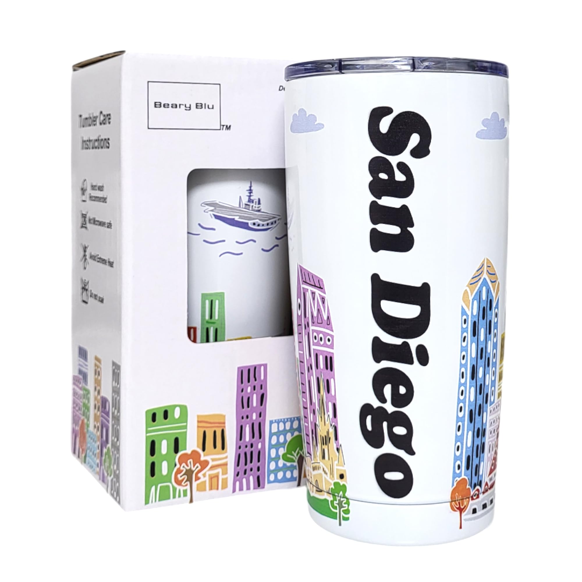 Beary Blu City Themed Artwork Tumbler Collection - Designed in the USA - 20oz Vacuum Insulated Tumbler with Lids - Stainless Steel Coffee Travel Mug