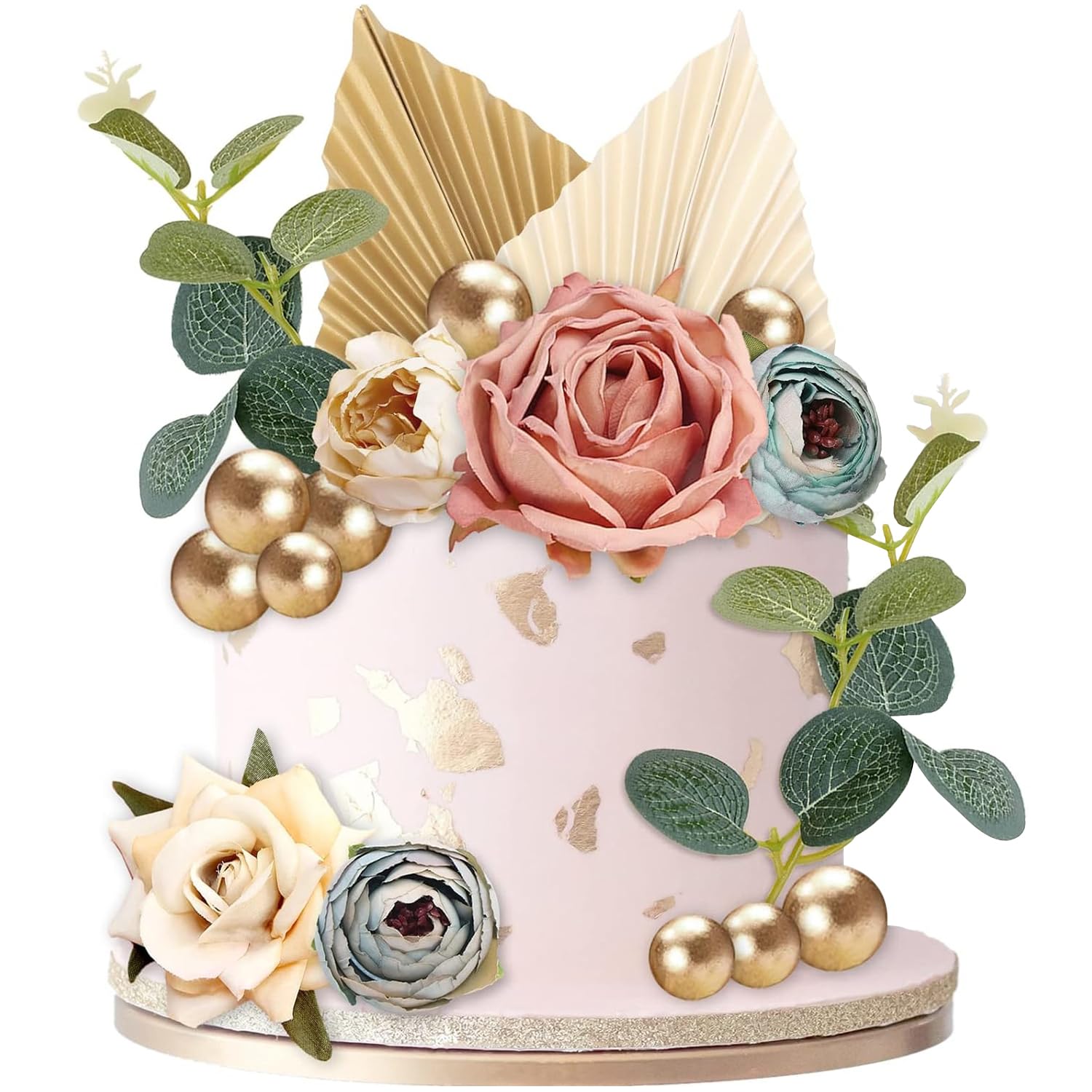 MIFKLMV 28 PCS Boho Cake Decorations, Floral Cake Decorations - Dried Flowers for Cake Rose Leaves Balls Birthday Cake Decorating Toppers for Wedding Party Home Decor