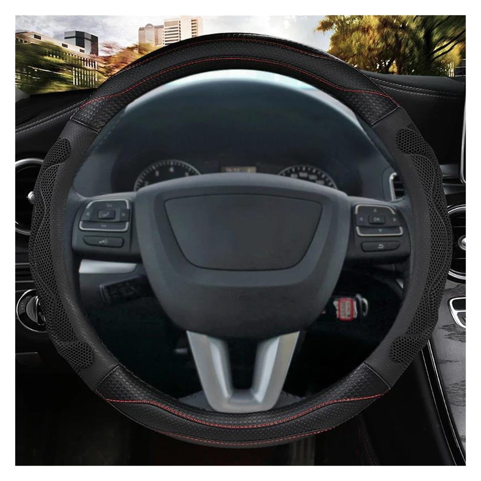 Lenkradabdeckung Auto Für Seat Für Altea Für Arona Für Ibiza 6l 6j Auto Lenkrad Abdeckung 38CM Leder Anti-Slip Schutzhülle Rutschfester Lenkradbezug(Schwarz)