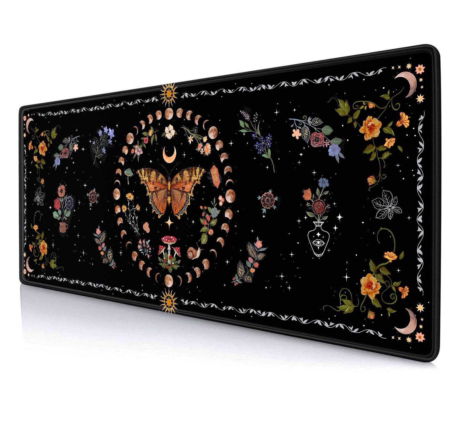 SXCKANG Gothic Moth Desk Pad Mat, Black Orange Large Mousepad, Moon Phases Desk Matt for Desktop, Suitable for Work, Gaming, Office, Home, Computer Accessories, 31.5 X 11.8 in, Floral Plant Aesthetic