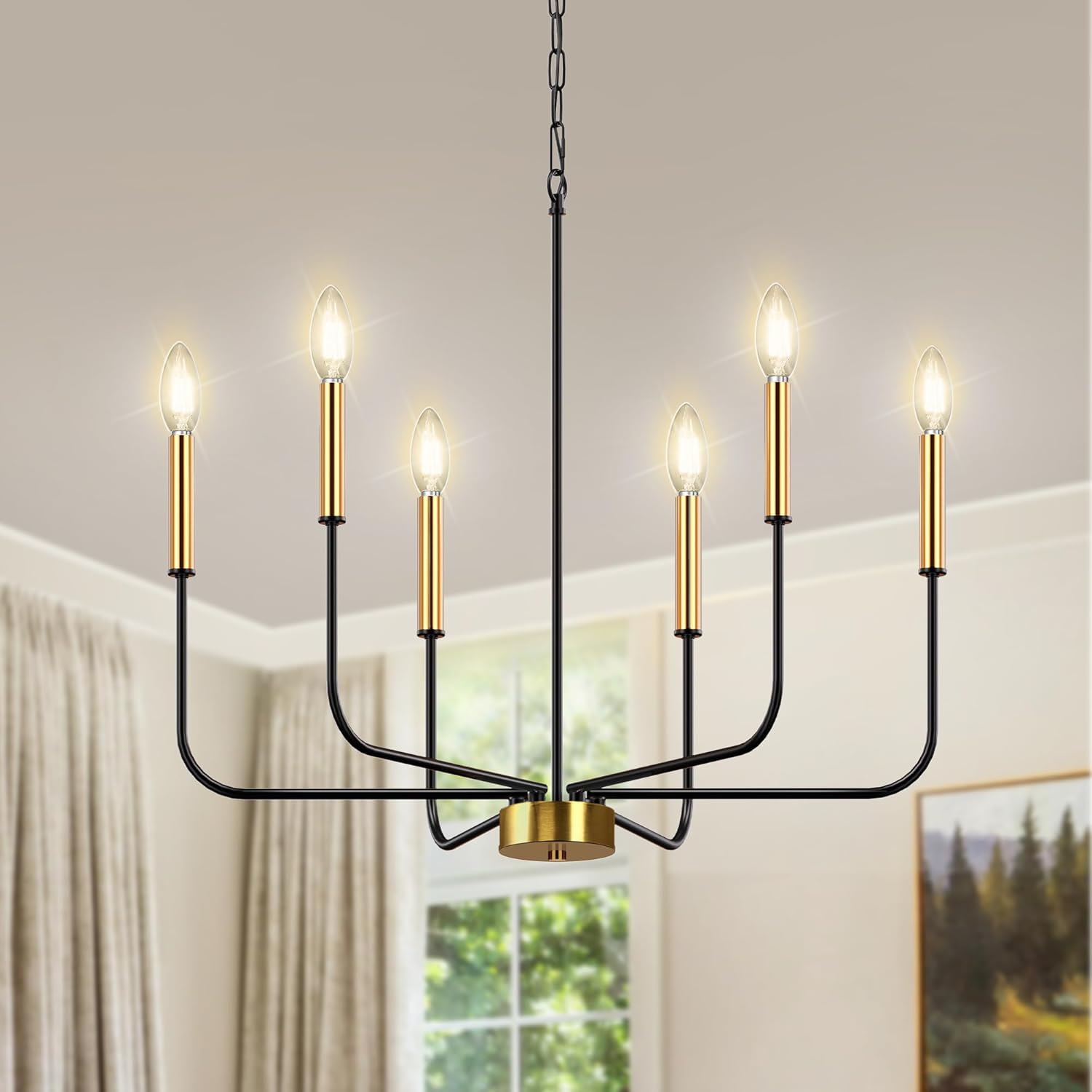 DORESshop 6-Light Black and Gold Farmhouse Chandeliers for Dining Room, Light Fixture Adjustable Height, Industrial Modern Chandeliers for Living Room, Bedroom and Foyer