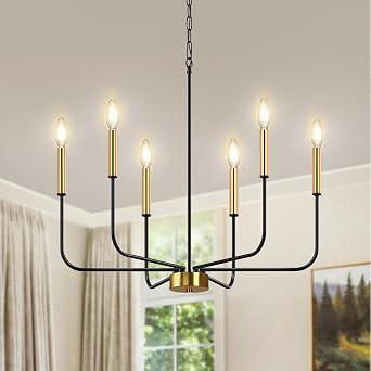 DORESshop 6-Light Black and Gold Farmhouse Chandeliers for Dining Room, Light Fixture Adjustable Height, Industrial Modern Chandeliers for Living Room, Bedroom and Foyer