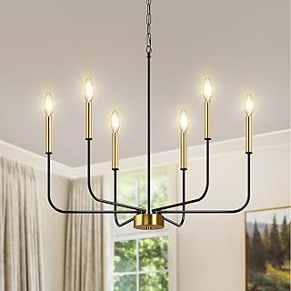 DORESshop 6-Light Black and Gold Farmhouse Chandeliers for Dining Room, Light Fixture Adjustable Height, Industrial Modern Chandeliers for Living Room, Bedroom and Foyer