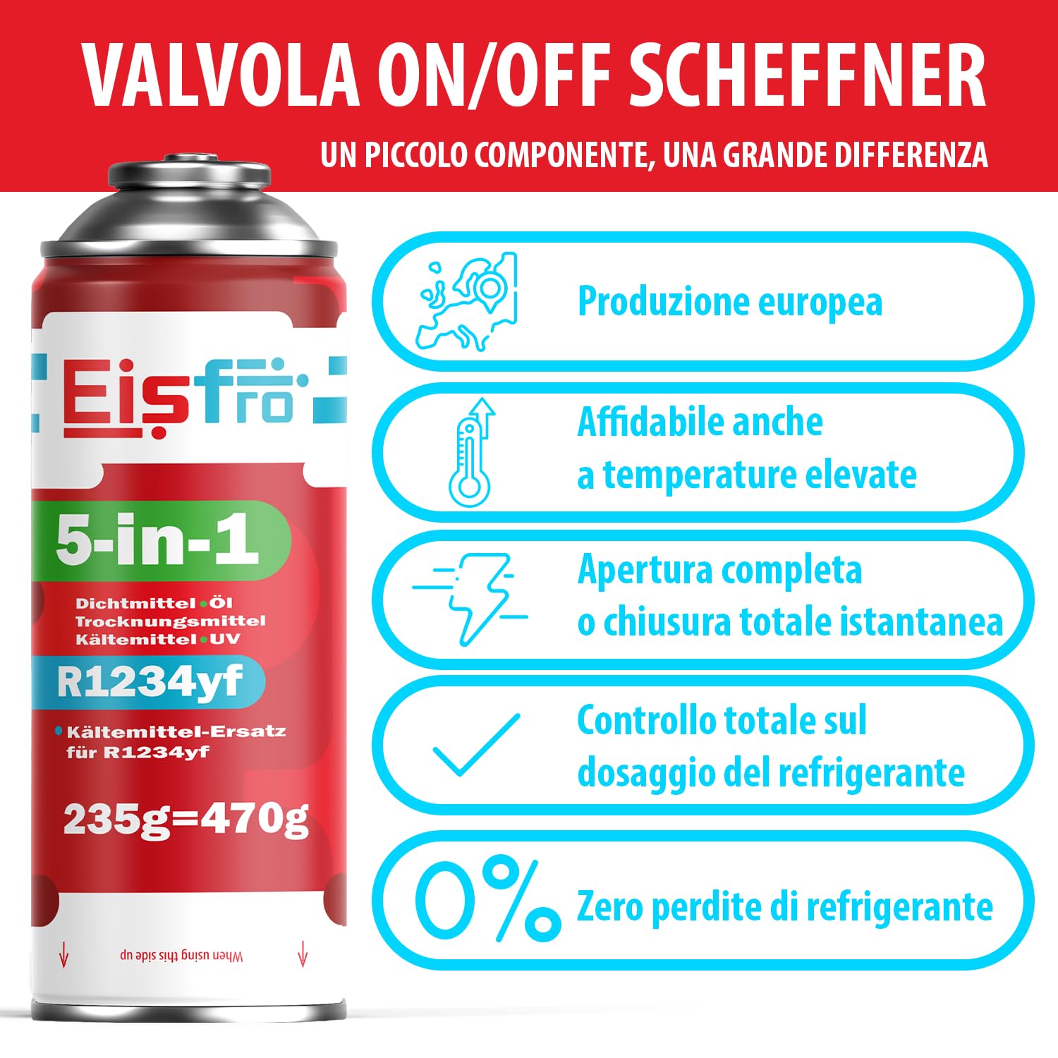 Kit di ricarica climatizzatore R1234yf – Fluido refrigerante 5in1 XL con olio, sigillante, colorante UV e disidratante + 2x gas di ricarica R1234yf con olio 235 g, adattatore e tubo