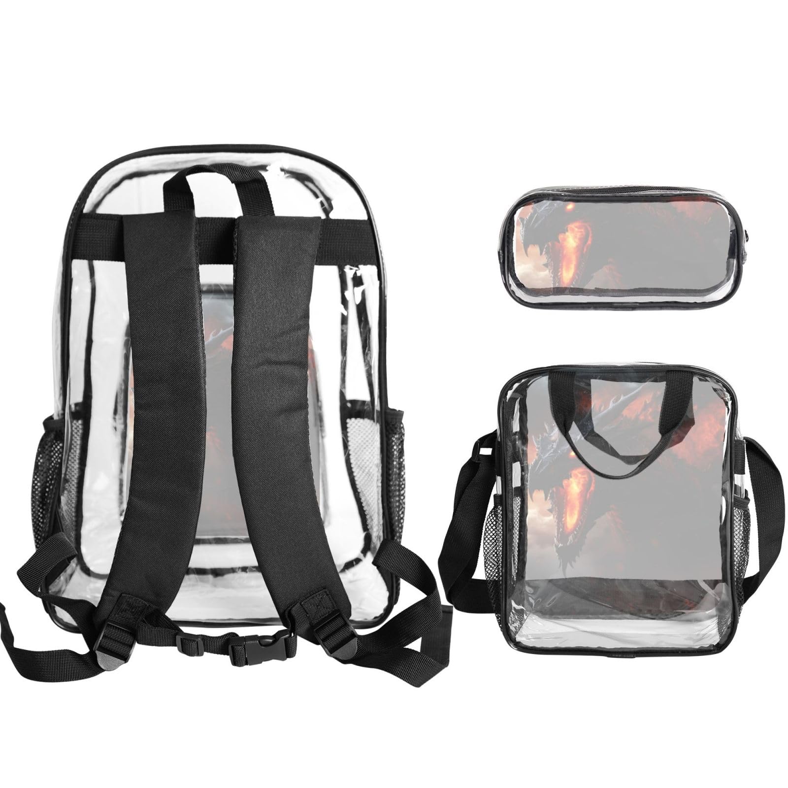 Ensemble de 3 sacs à dos transparents unisexes avec imprimé dragon magique pour l'école, les voyages, l'extérieur, sac à déjeuner transparent