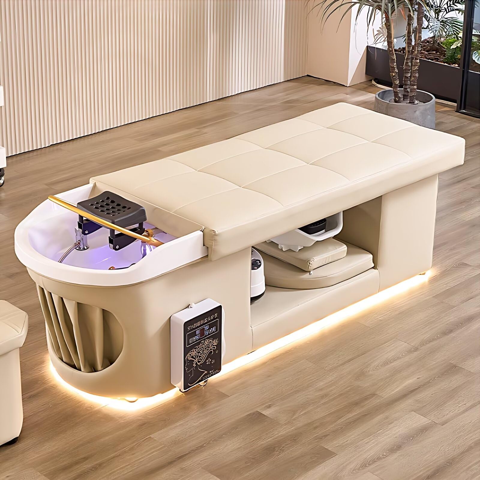 Kopf-Spa-Shampooliege, Professionelle Massageliege, Beigefarbene, Schlichte Salon-Spa-Ausstattung mit Wasserkreislauf Und Geräumigem Stauraum für Den Einsatz Im Schönheitssalon