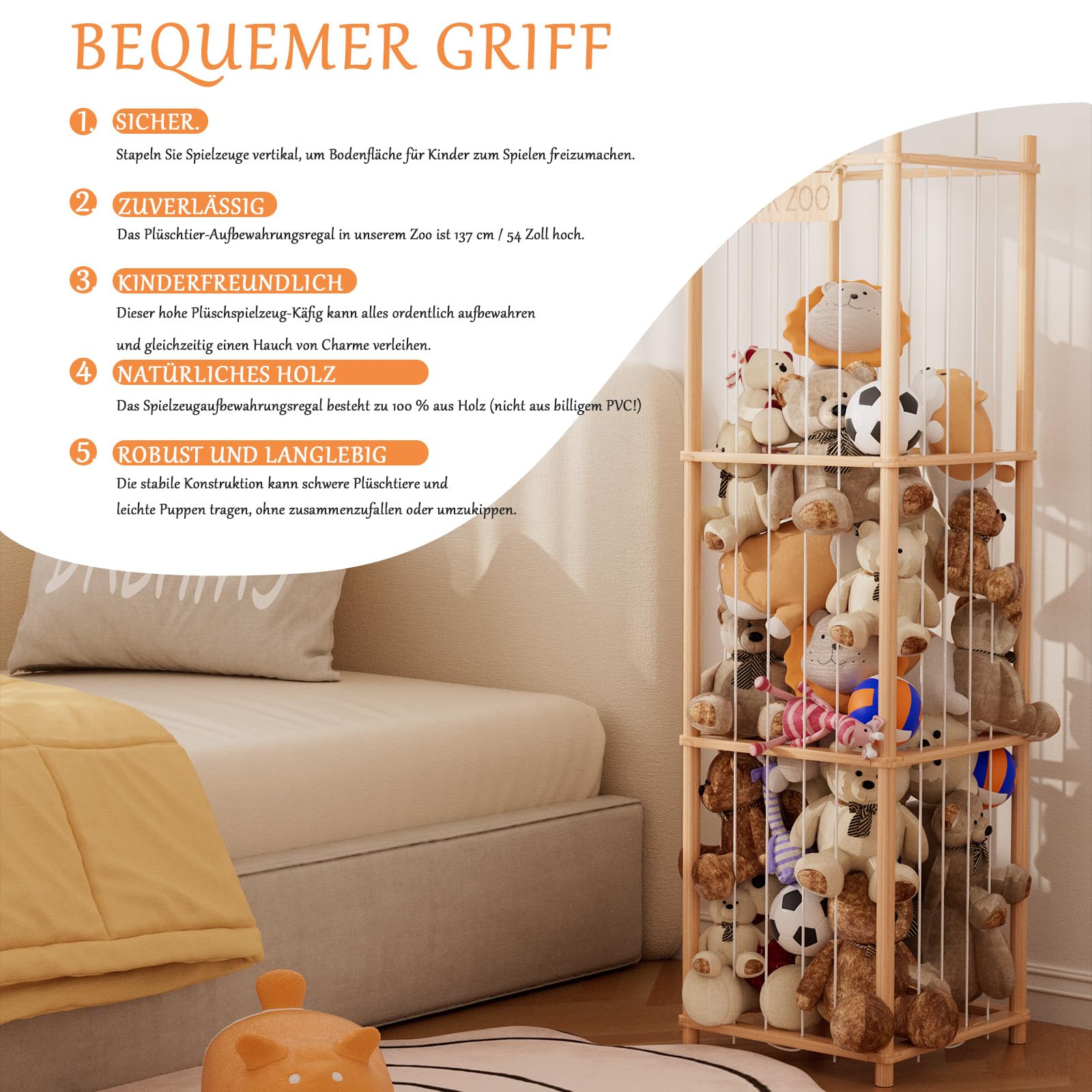Kuscheltier Aufbewahrung mit Netz, Stofftiere & Plüschspielzeug Massivholz Organizer, Großes Fassungsvermögen Aufbewahrungsregal für Kinderzimmer, Wohnzimmer & Schlafzimmer 137x40x40cm