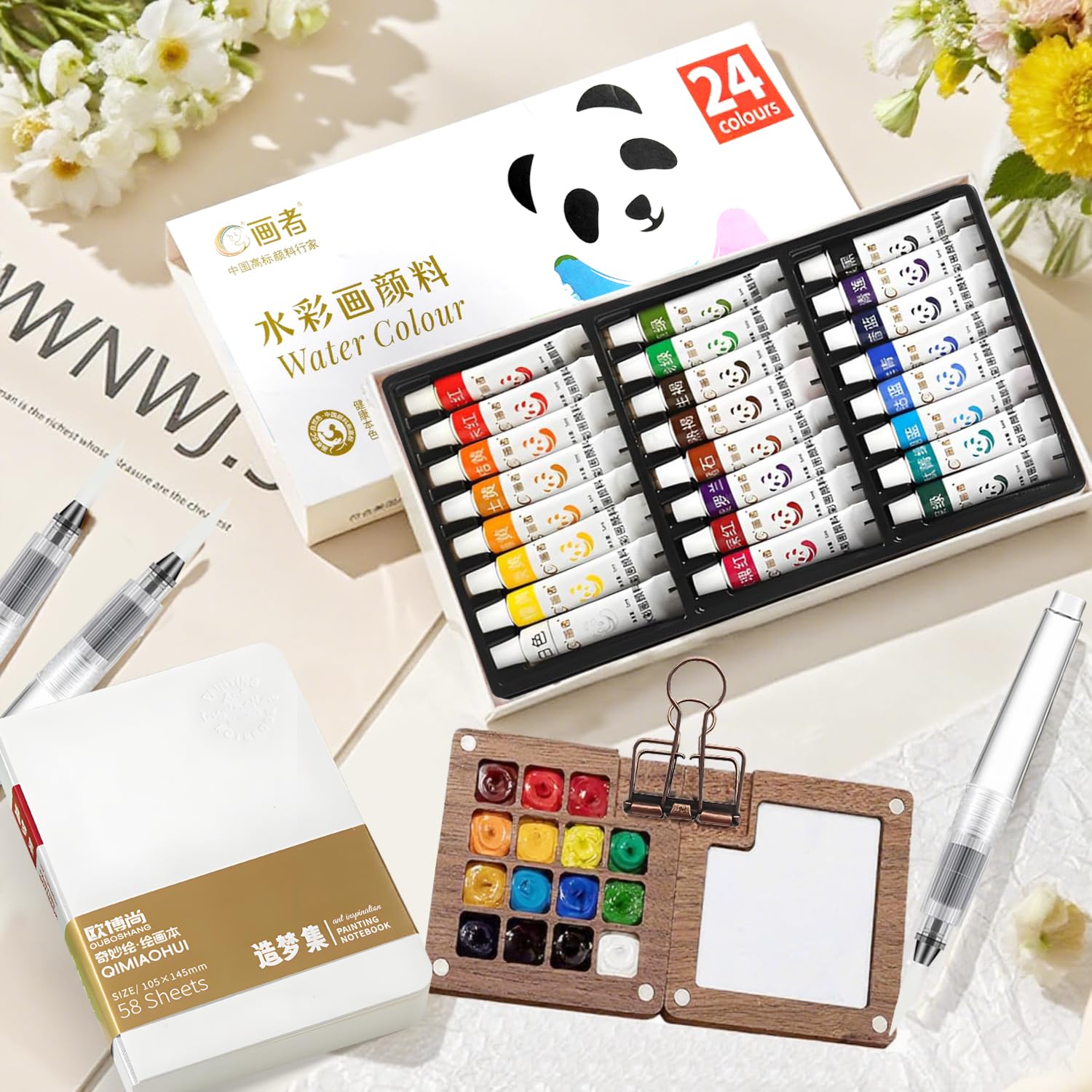 Tavolozza per Dipingere Wet Palette con 1 Quaderno Portatile per Schizzi ad Acquerello, 3 Pennello ad Acqua, 24 Acquerello 1 Clip in Metallo, Adatta L'acquerello,Pittura ad Olio e Gli Schizzi