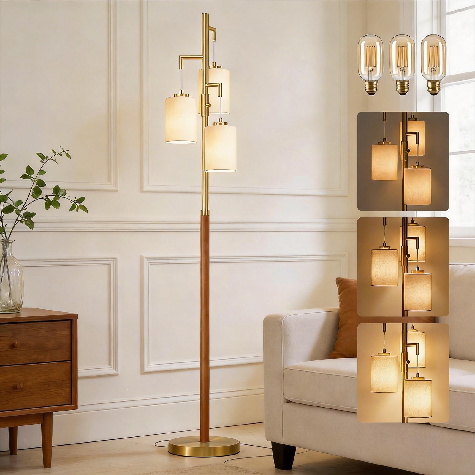 Photo 1 of G-SAFAVA Wood Floor Lamp, 70" Dimmable Gold MCM
