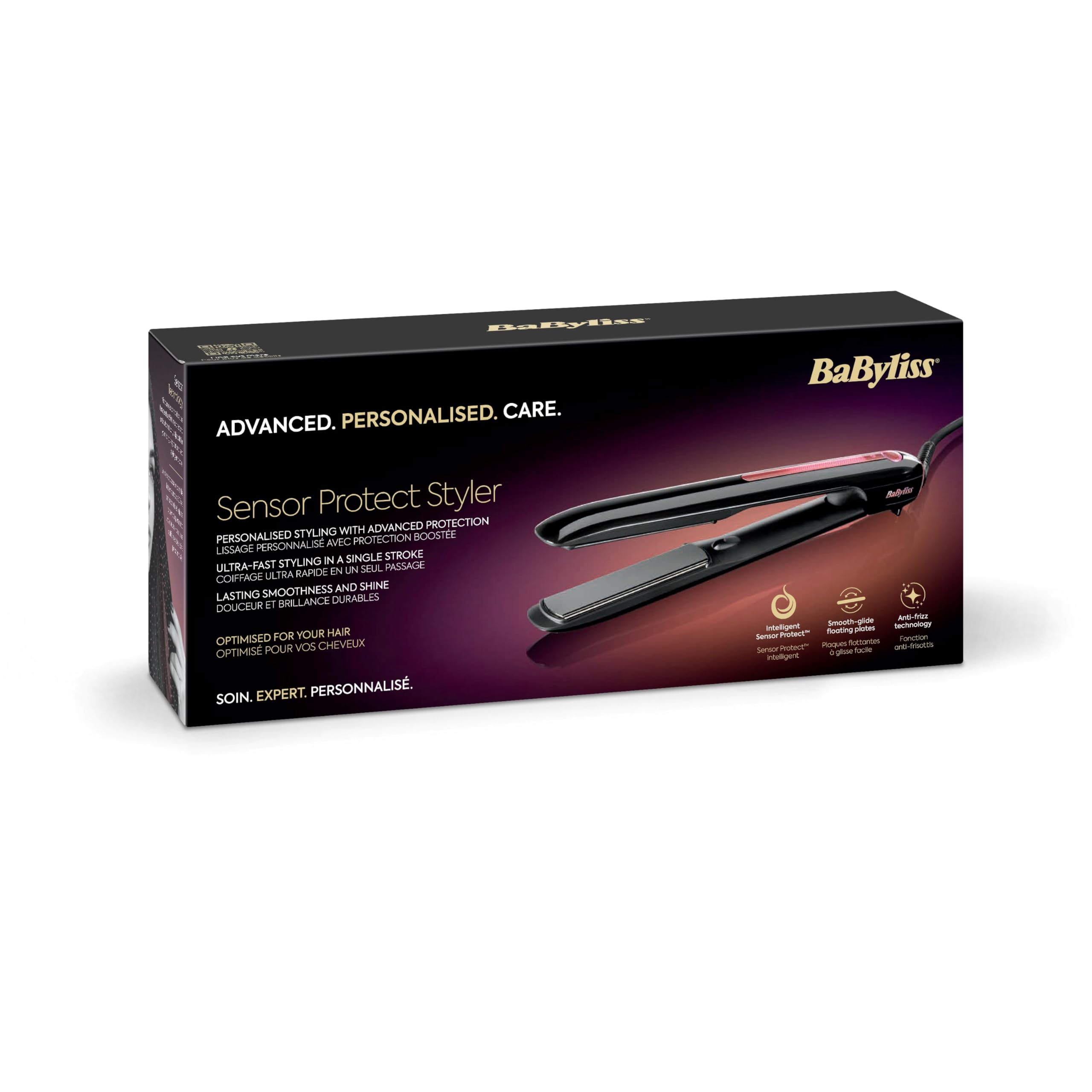 BaByliss Sensor Protect Plancha de Pelo Inteligente, Control de Calor Adaptativo, Placas de Titanio, Iones Antiencrespamiento, 5 Temperaturas (160–200°C), Calentamiento Rápido, ST491E