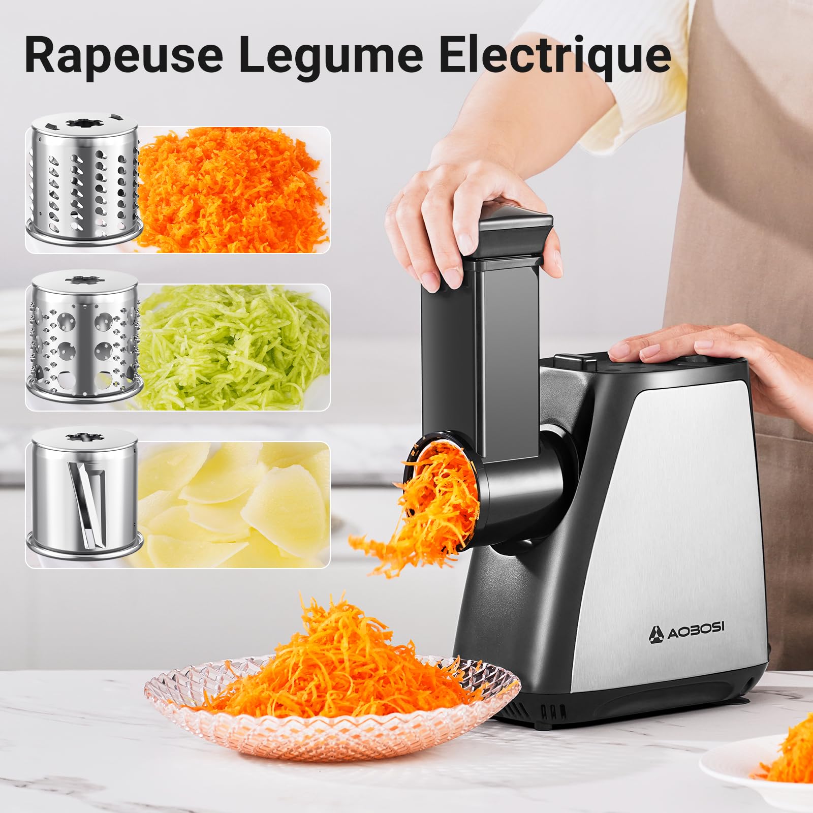AAOBOSI Hachoir À Viande,Hachoir À Viande Électrique 4-En-1[2800 W Max]Avec 3 Lames Pour Trancher, Déchiqueter,2 Lames,3 Plaques,Farceuse À Saucisses,Kit Kubbe,Pour Cuisine À Domicile,Acier Inoxydable