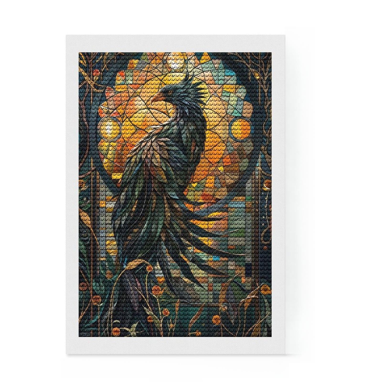 Junmoney Stained Glass Phoenix Diamond Painting Set 8"x12", Adhesive Canvas, Finish and Display, Office Decor, Birthday Gift, Sparkling Round Gems