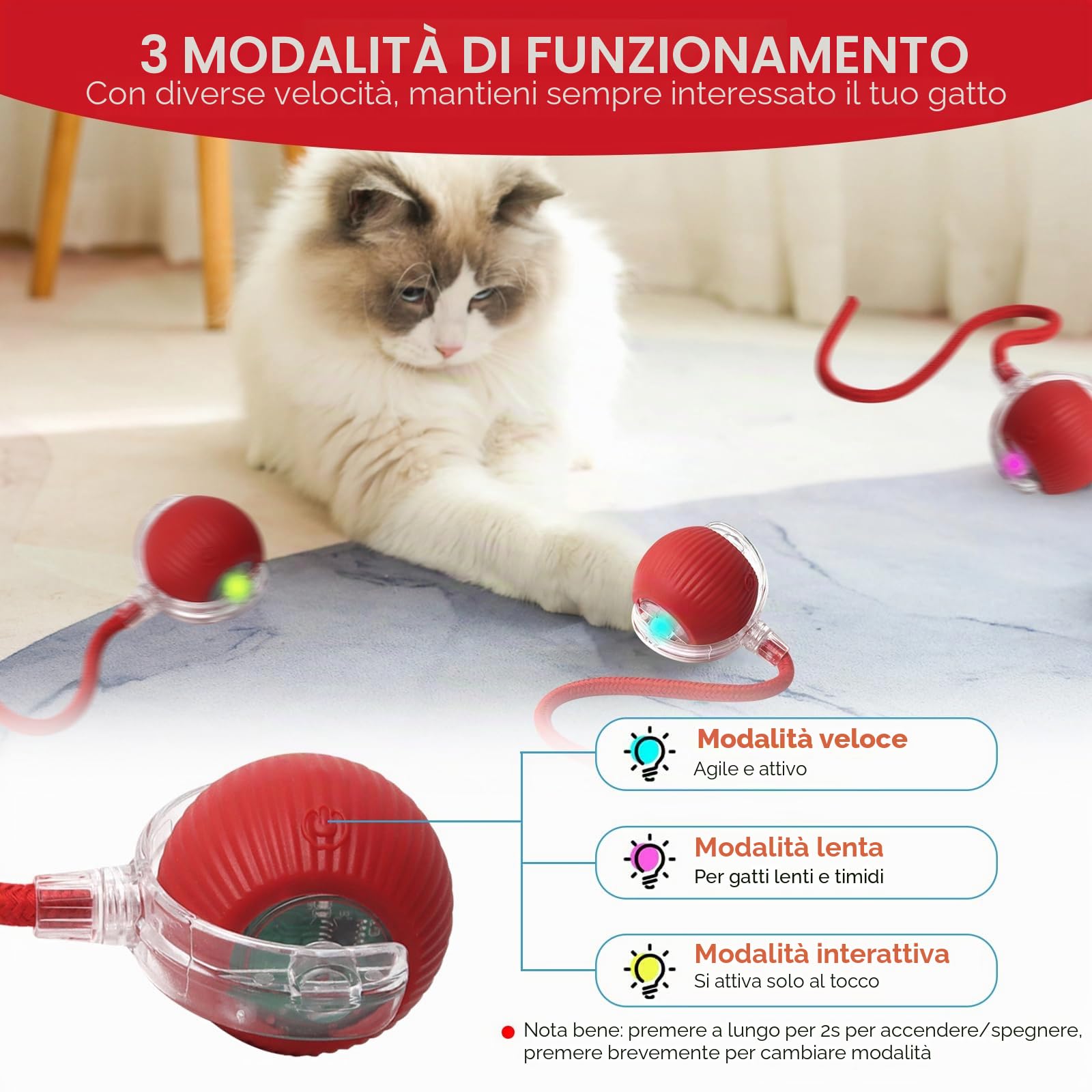 Palla Interattiva per Cani, Palla Elettrica Giocattolo Rotolante Automatica Intelligente per Gatti, Pallina Ricaricabile per Cani che si muove da sola, Interactive Cat Ball con 3 Modalità