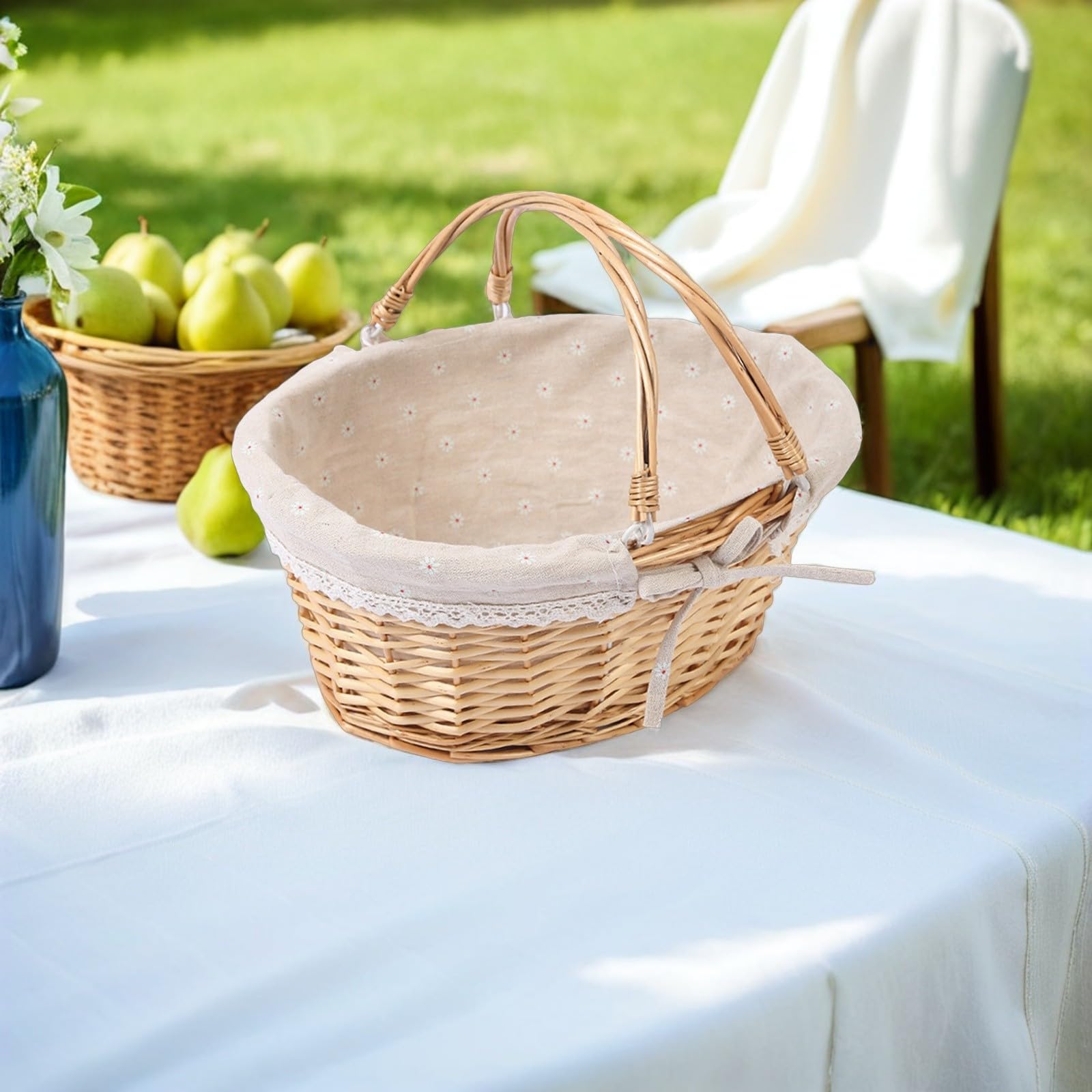 Handgeflochtener Weidenkorb mit Henkel und Futter Blumenkorb für Hochzeiten und Partys Vielseitiger Aufbewahrungskorb in Khaki für Picknick und Dekoration