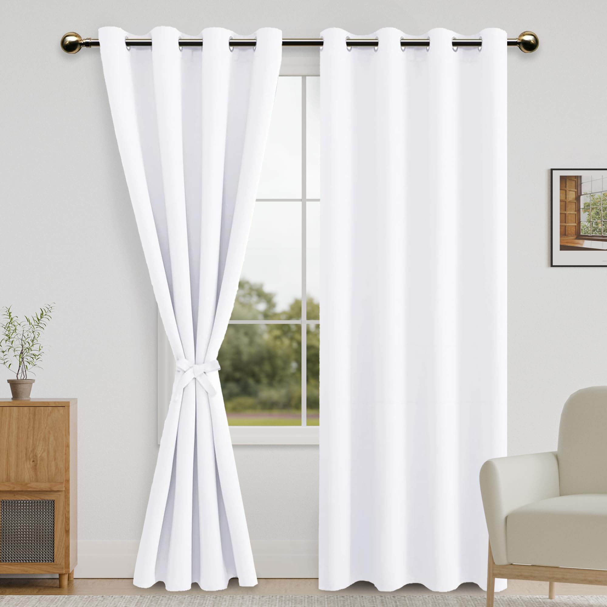 DWCN Blackout Curtains for Bedroom with Tiebacks - Room Darkening Privacy Grommet Top Window Curtains for Living Room, 52 x 96 inch Length,Pure White,Set of 2 Panels — image 1