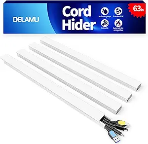 Delamu Cord Hider, 63in Wire Covers for 3-4 Cords on Wall, Premium Cable Hider Cord Covers for Wires, Cable Management Wire Hiders for TV, Cable Raceway Kit, W1.18x H0.6in, White