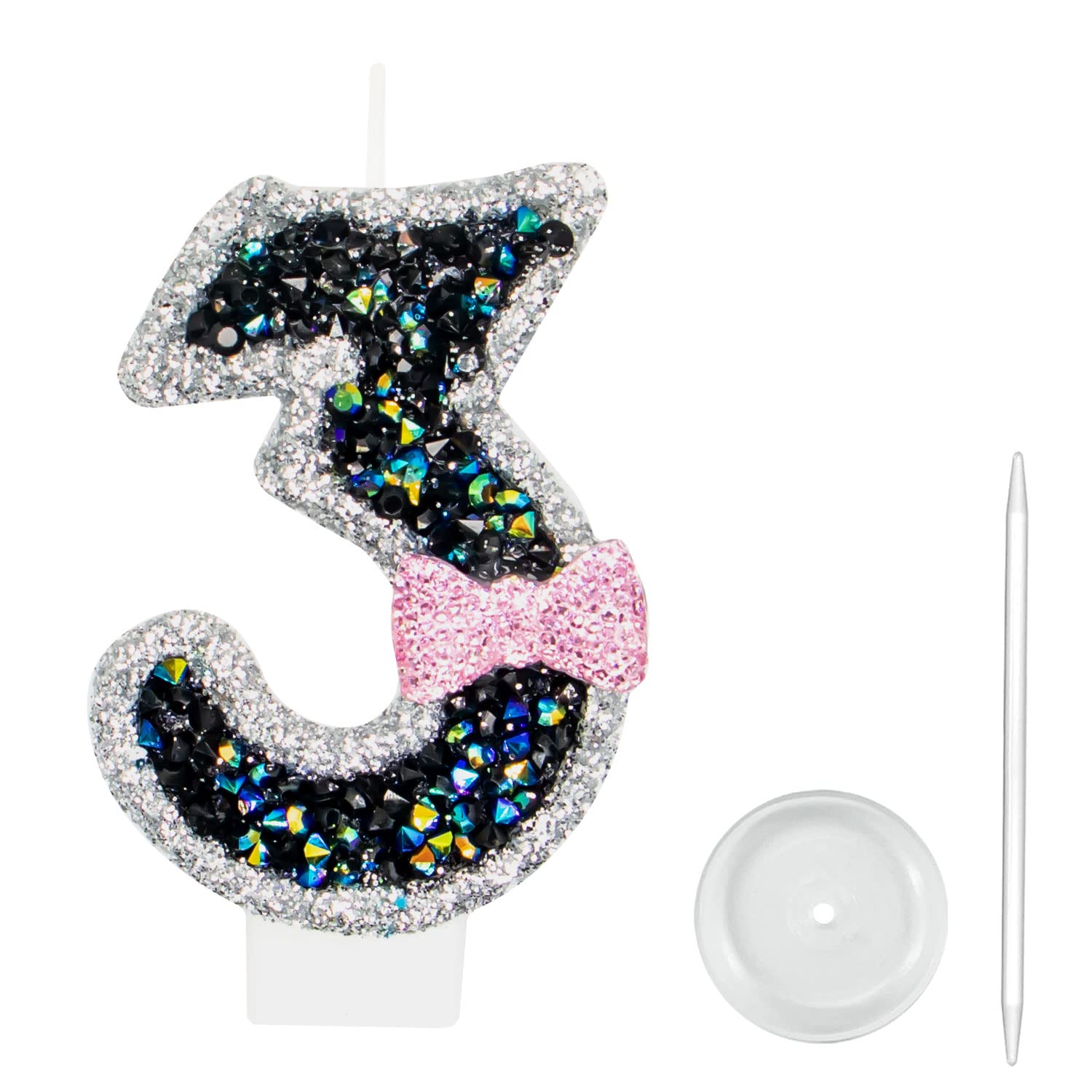 Photo 1 of 2.8" Birthday Number Candle Glitter Happy Birthday Cake Candles for Birthday Mermaid Themed Party Wedding Anniversary Celebration Supplies?Bow 3? Black 3