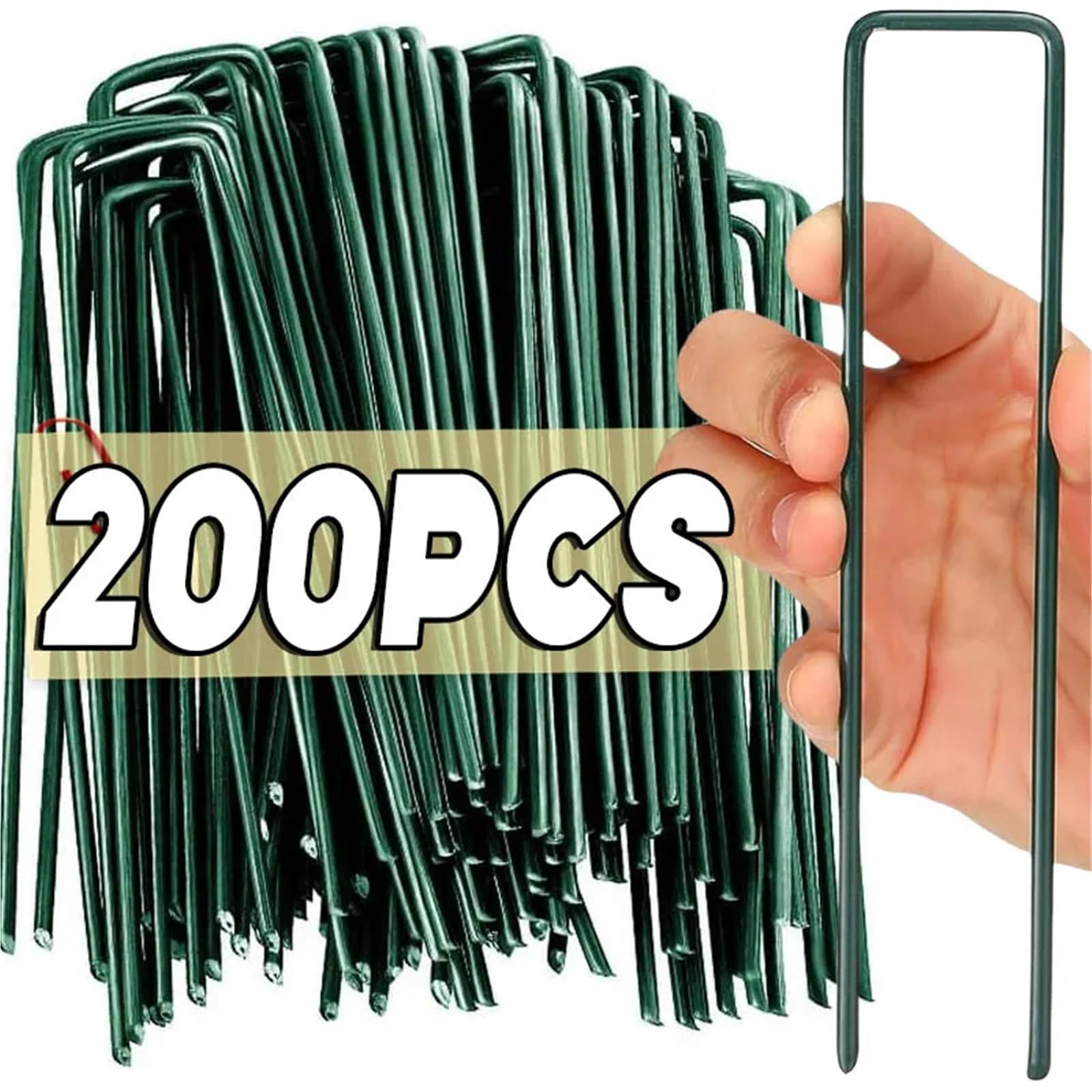 Lot de 200 piquets pour membrane de mauvaises herbes en forme de U pour jardin, pelouse, tente, piquets de fixation (4 x 20 cm, vert)