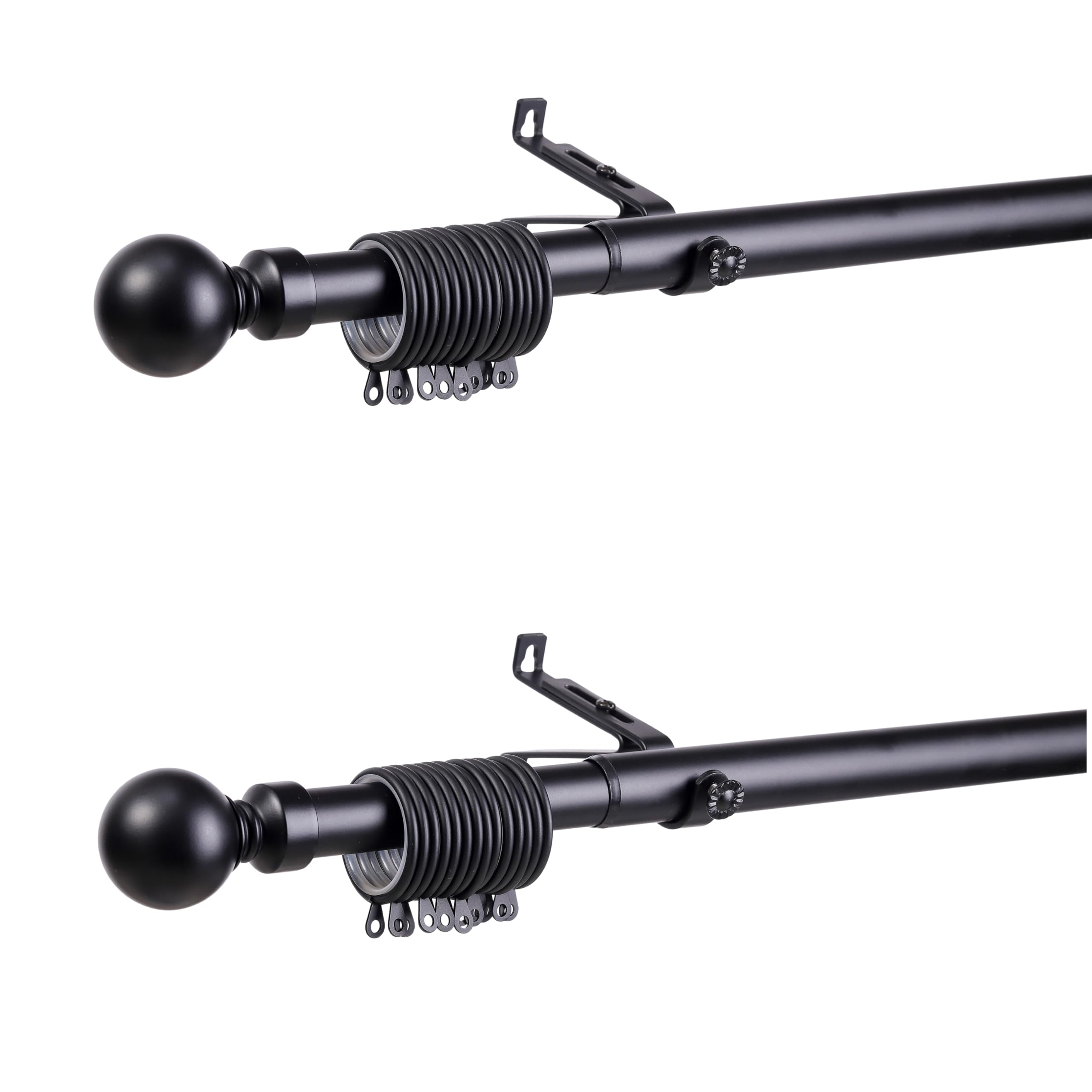 J.Din Matte Black Curtain Pole Metal Durable Plain Ball, Adjustable Curtain Rod 28 mm Diameter with 50 mm Finials, 2 Pack Extendable Curtains Poles 180 to 340cm Includes Rings and Brackets Set โ image 1