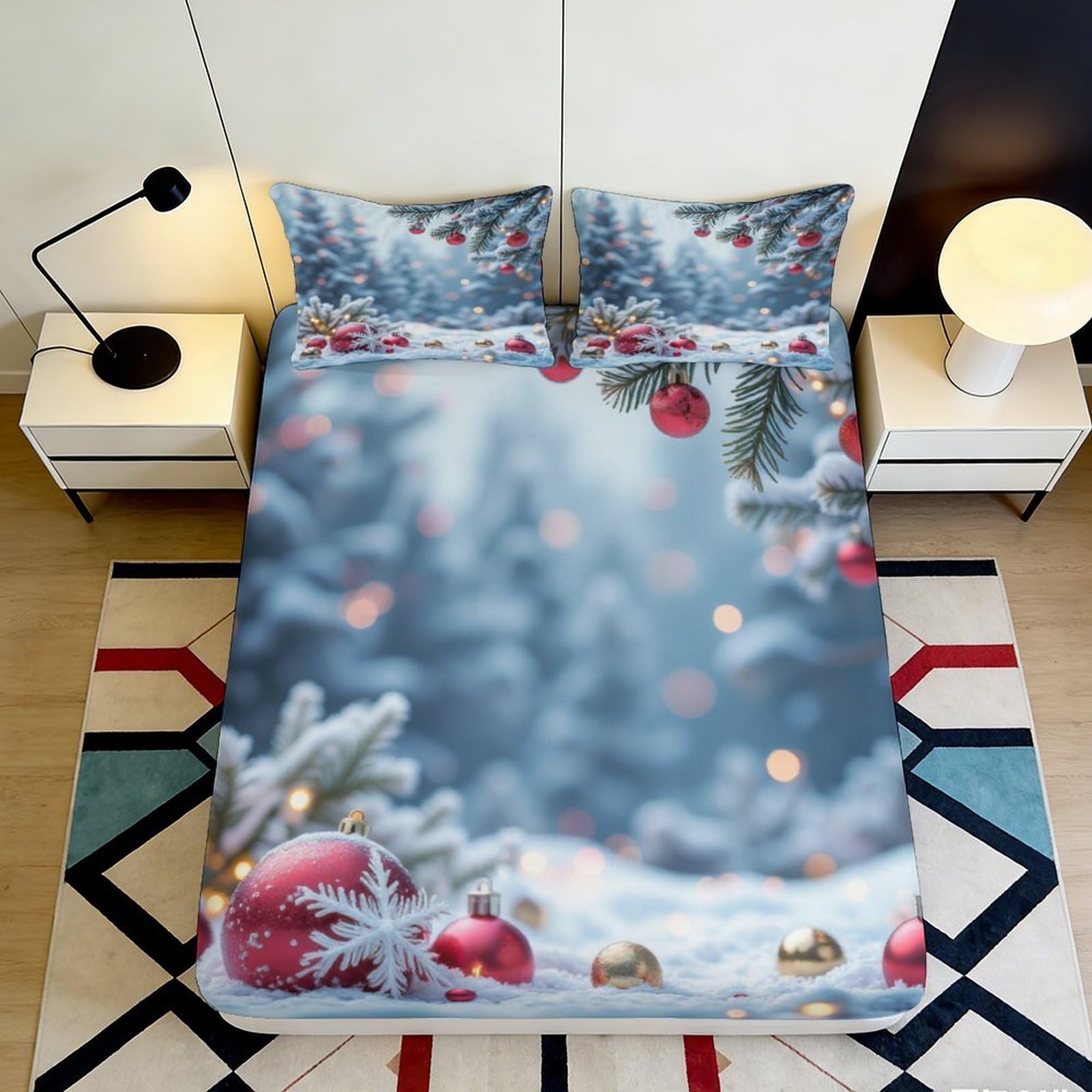 Pnayamiorkfel Style-1 3D Printed Snowy Christmas Tree Fitted Sheet Microfiber Soft Red Ornament Bed Cover Bedroom Decor Machine Washable 90X200x25cm