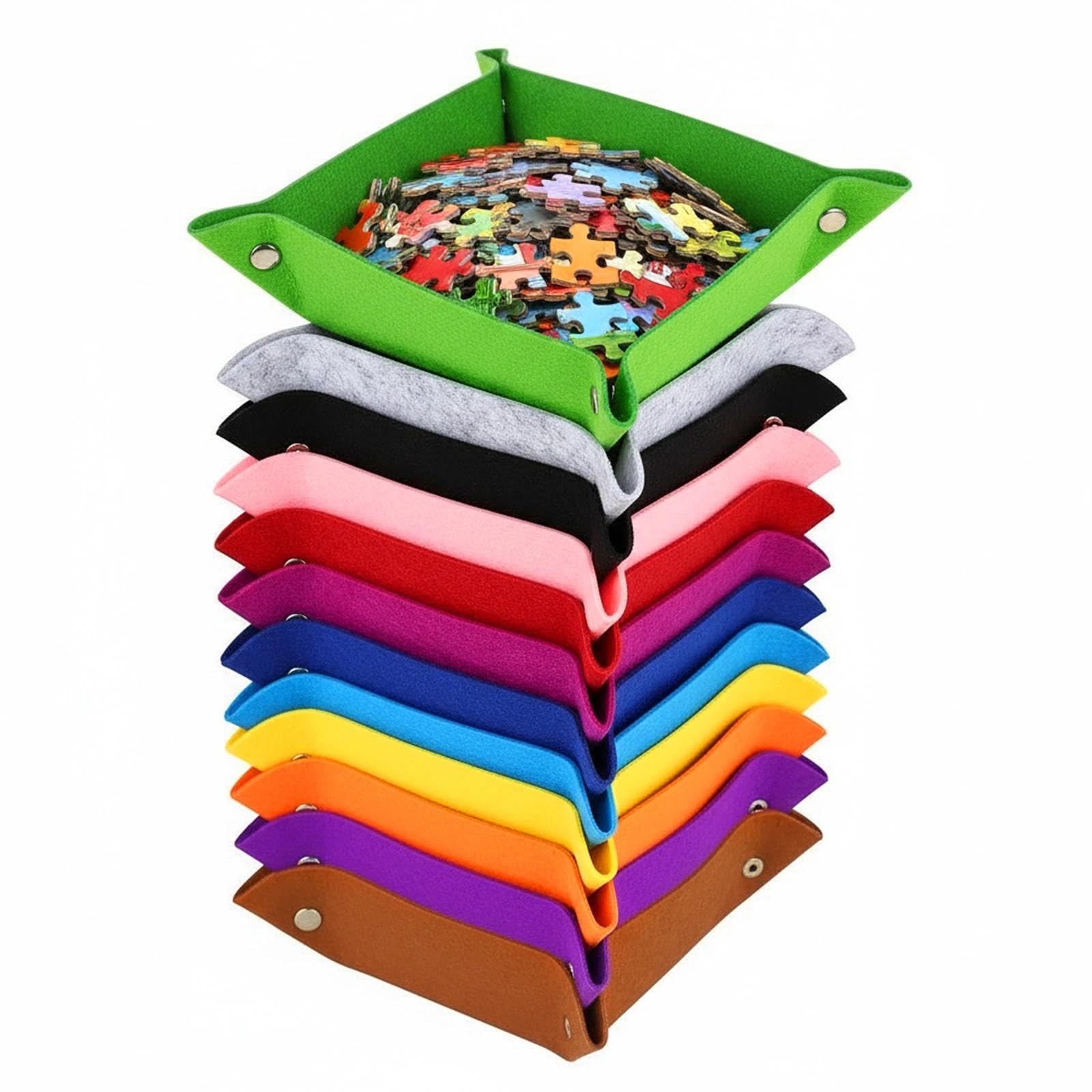 12-Piece Folding Puzzle Sorting Trays, Colourful Felt Bowls with Snap Buttons, Key Bowl, Desk Tray, Small Felt Dice Tray
