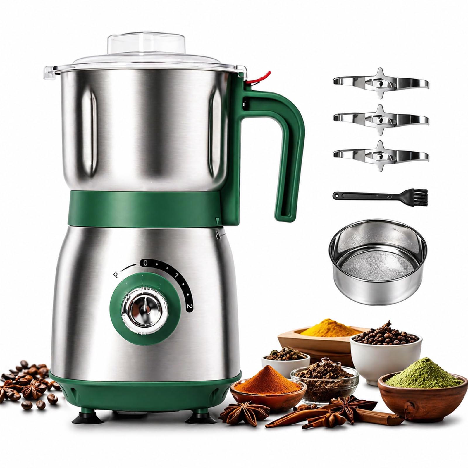 Electric Grinder for Kitchen - 500W Grain Mill with 3 Stainless Steel Blades, Versatile Spice Grinder for Coffee, Grinding Spices, Bean, Grains, Nuts (Green)