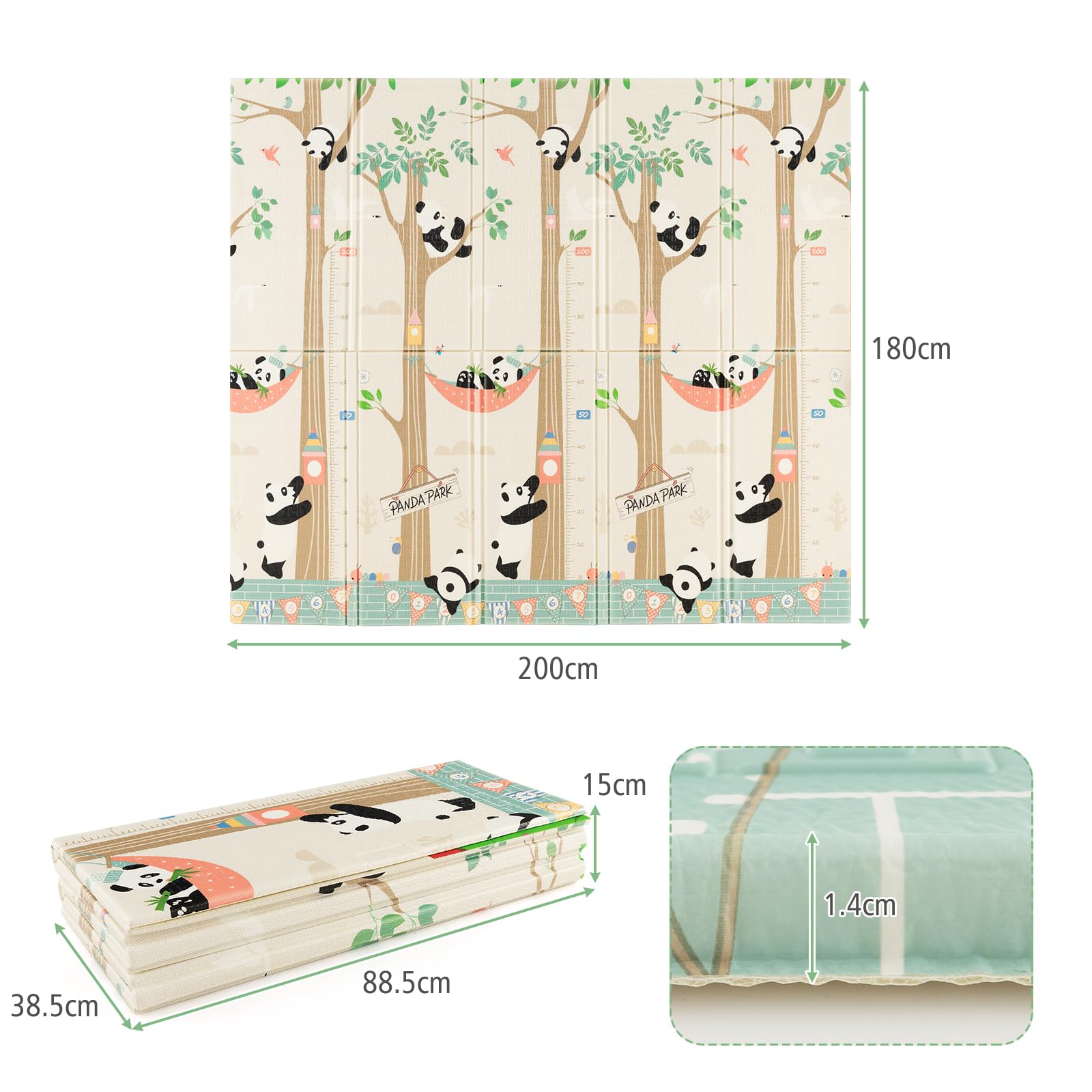 LIFEZEAL Tappeto Gioco Bambini 180x200cm, Tappetino Doppia in Schiuma Pieghevole e Impermeabile, Tappeto Neonato Gattonamento, Non Tossico, Tatami Bimbi Morbido da Cameretta con Borsa (beige panda)