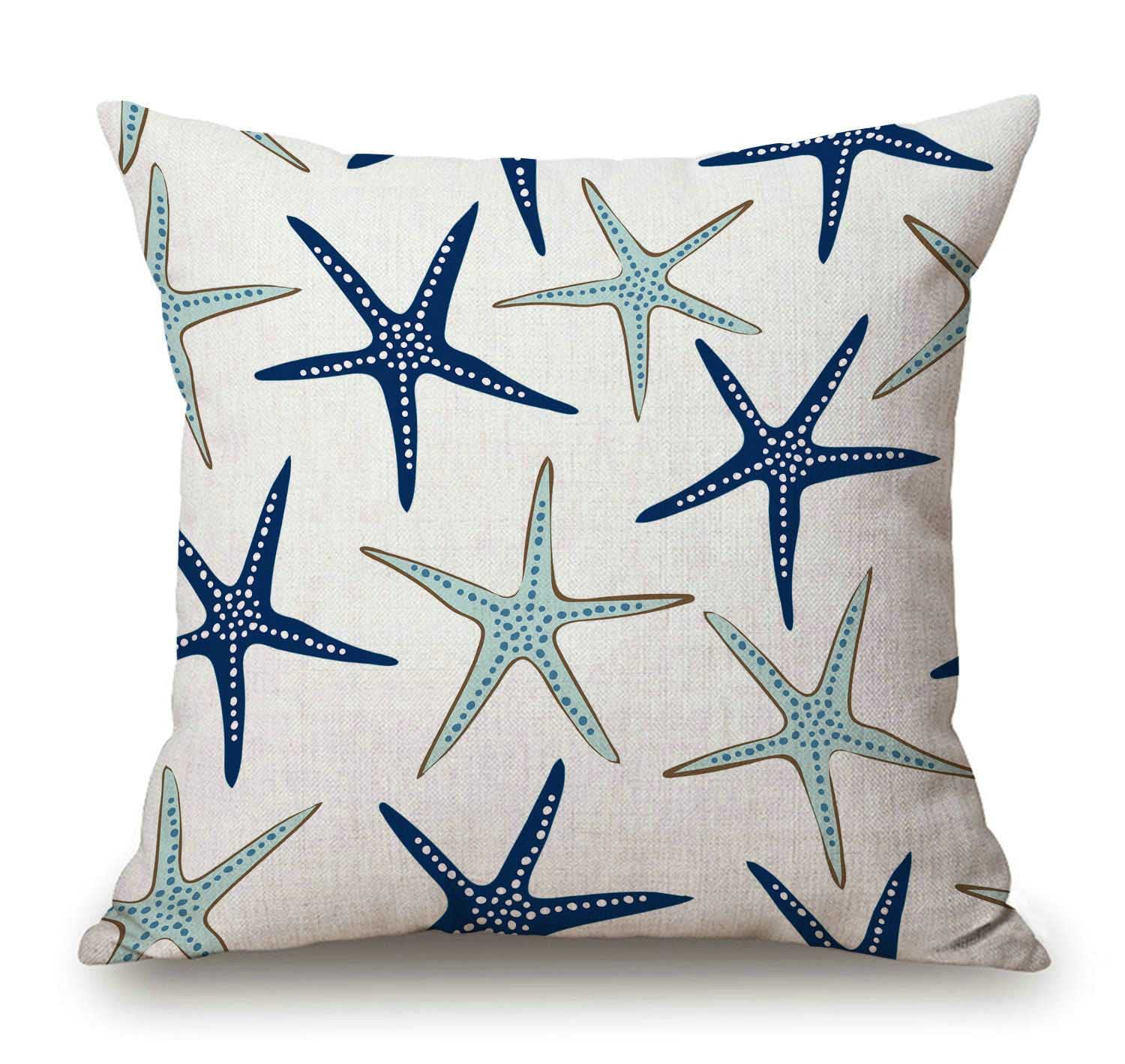 Solekla Sl302 Coastal Nautical Starfish Throw Pillow Cover Navy Blue And Turquoise Sea Stars Farmhouse Cushion Case For Sofa Couch 18X18 Inches Cotton Linen