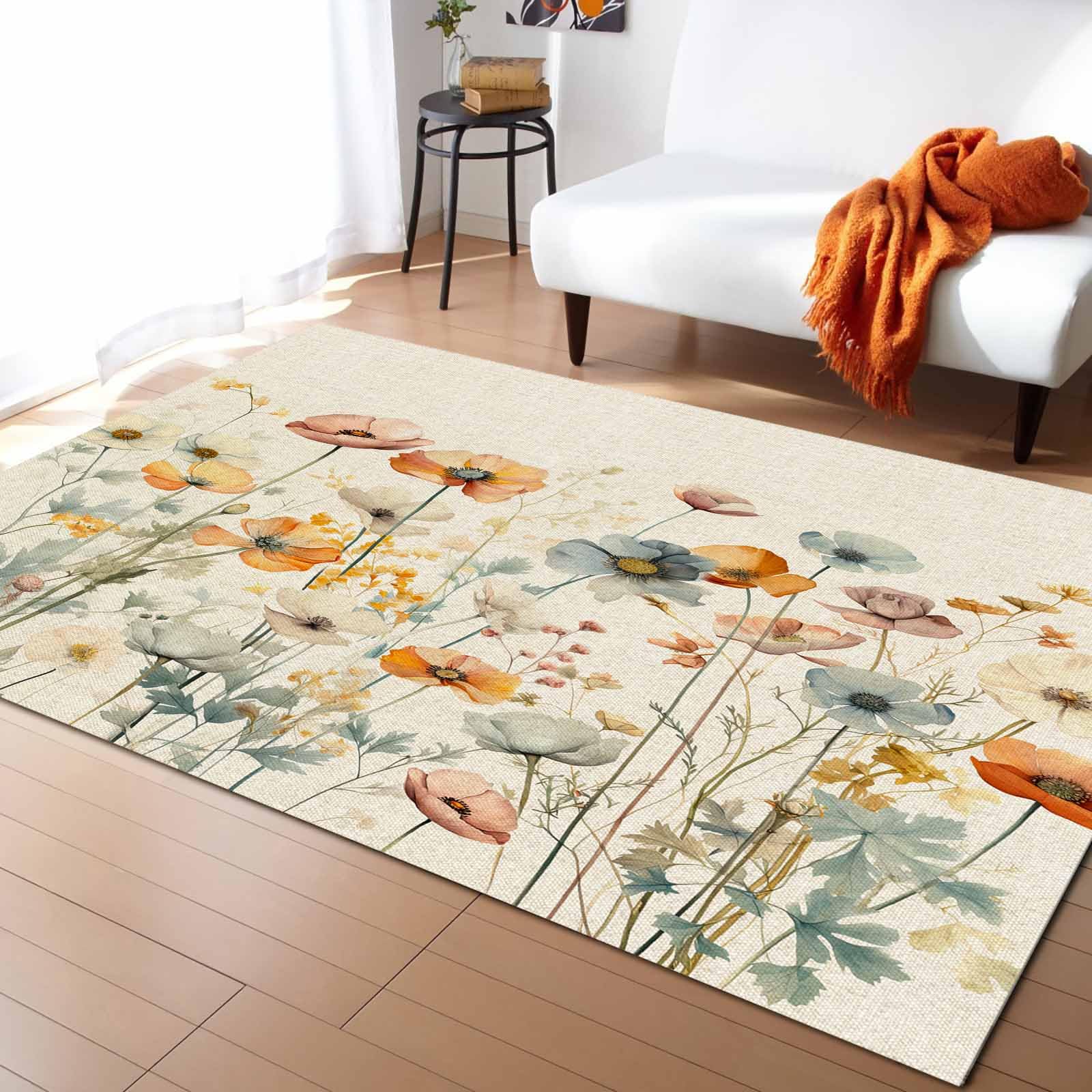 Debedcor Spring Floral Area Rug for Living Room, Rectangular Indoor Carpet - 2' x 3', Elegant Flowers Summer Botanical Rustic Non-Skid Bathroom Mat