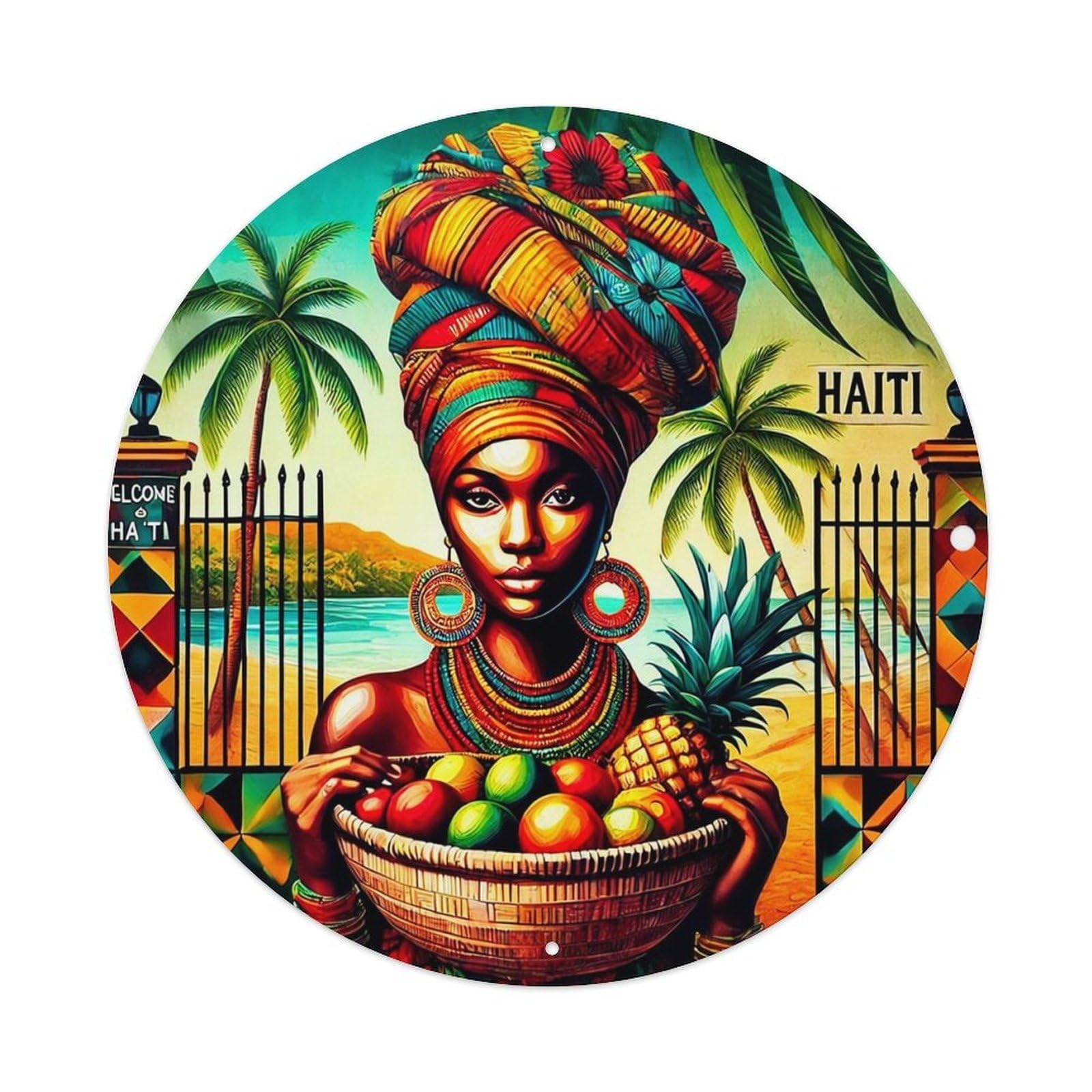 Colorful Tropical Woman With Fruit Round Metal Tin Sign Vintage Wall Decor, Bar Garage Cafe Kitchen Home Wall Art Poster 8x8inches