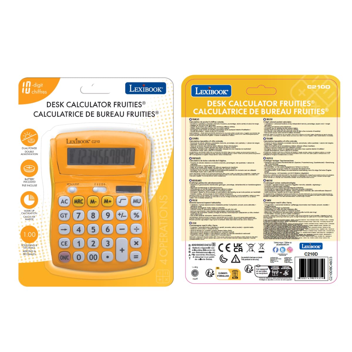 Lexibook, FRUITIES® Calculadora de sobremesa con Pantalla basculante, 10 dígitos, Funciones básicas y avanzadas, Teclas Grandes, Alimentación Solar y a Pilas, Amarillo, C210D