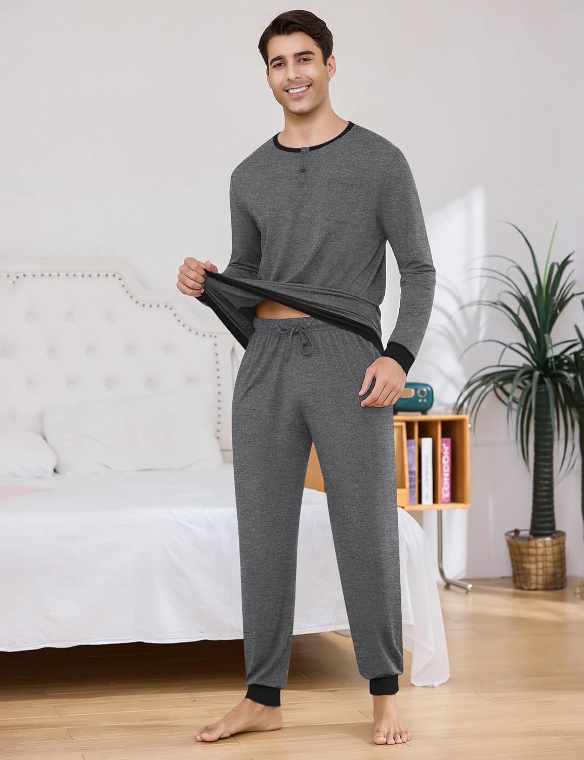 Sykooria Mens Pajamas Set Long Sleeve Soft Sleepwear Cozy Loungewear 2 Piece Comfy Plaid Pjs Set with Pockets - Image 2