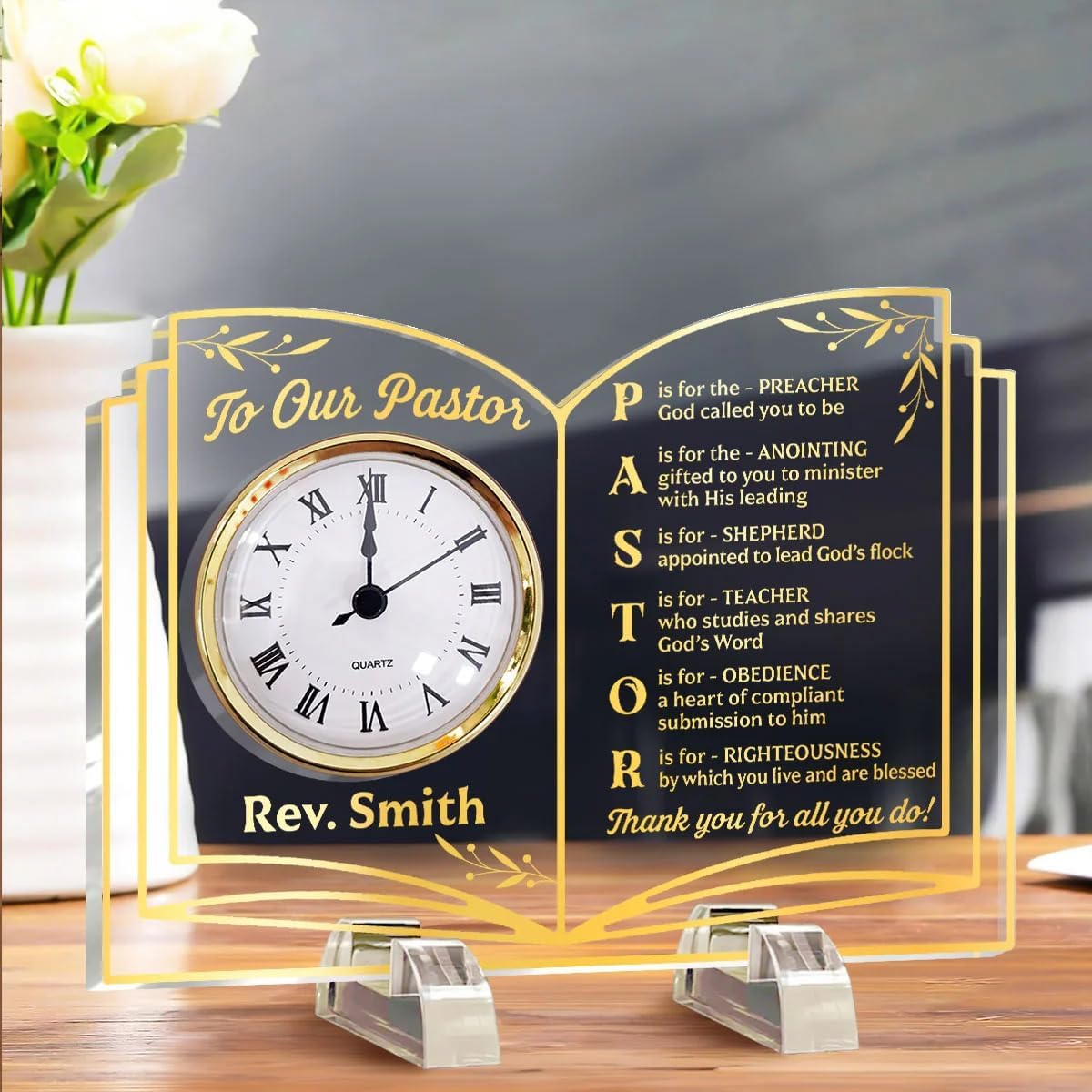 Thank You Pastor - Personalized Acrylic Desk Clock, Pastor Appreciation Gift, Pastor Gifts for Men Women, Thank You Presents for Pastor Preacher, Religious Christian Desk Decor