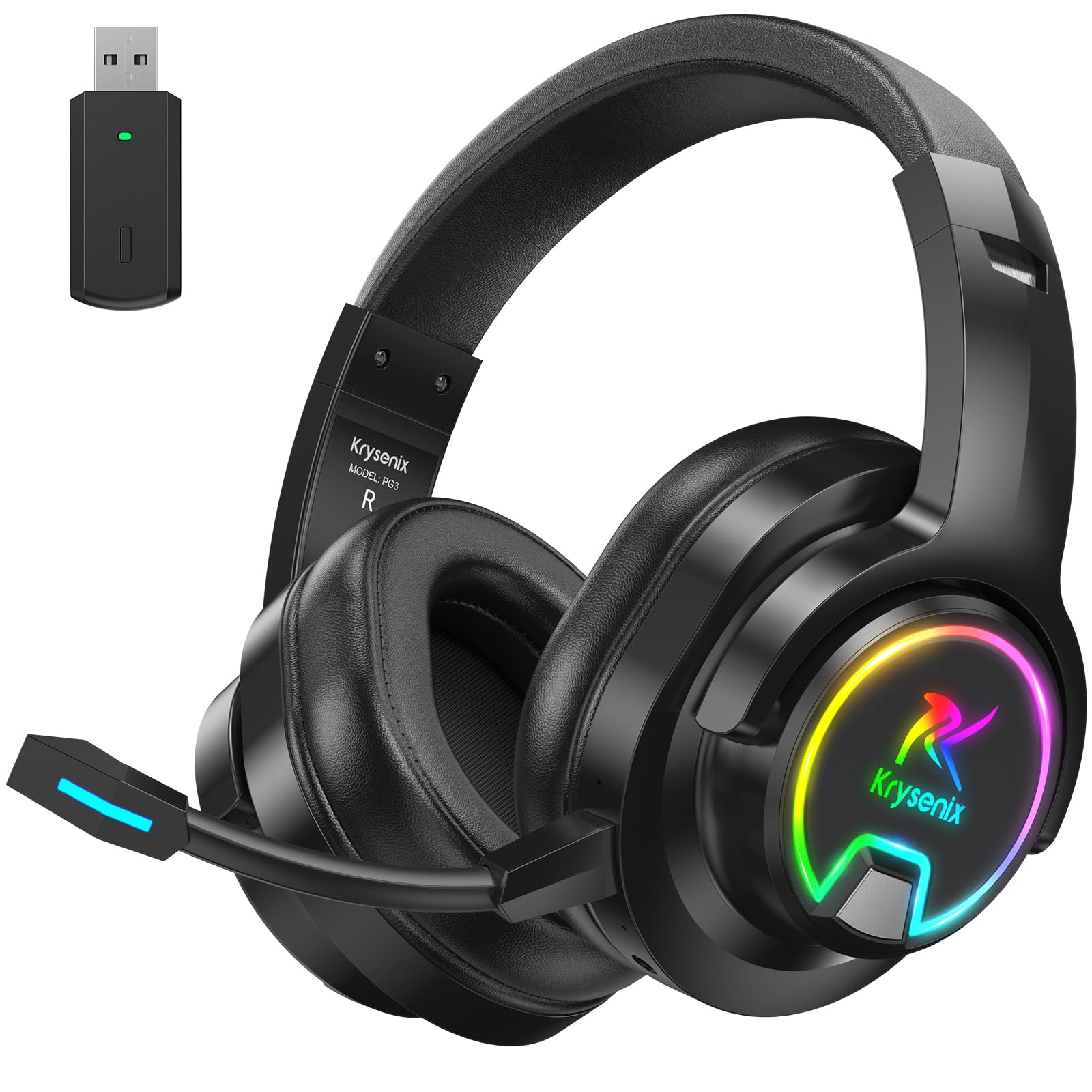 Krysenix PG3 Gaming Headset Wireless für PS4, PS5, PC, Mac, Switch, 48H 2.4GHz Gaming Headset mit Noise Cancelling Mikrofon, Kabelloses Bluetooth Headset mit LED-Lichtern, Surround Sound (Schwarz)