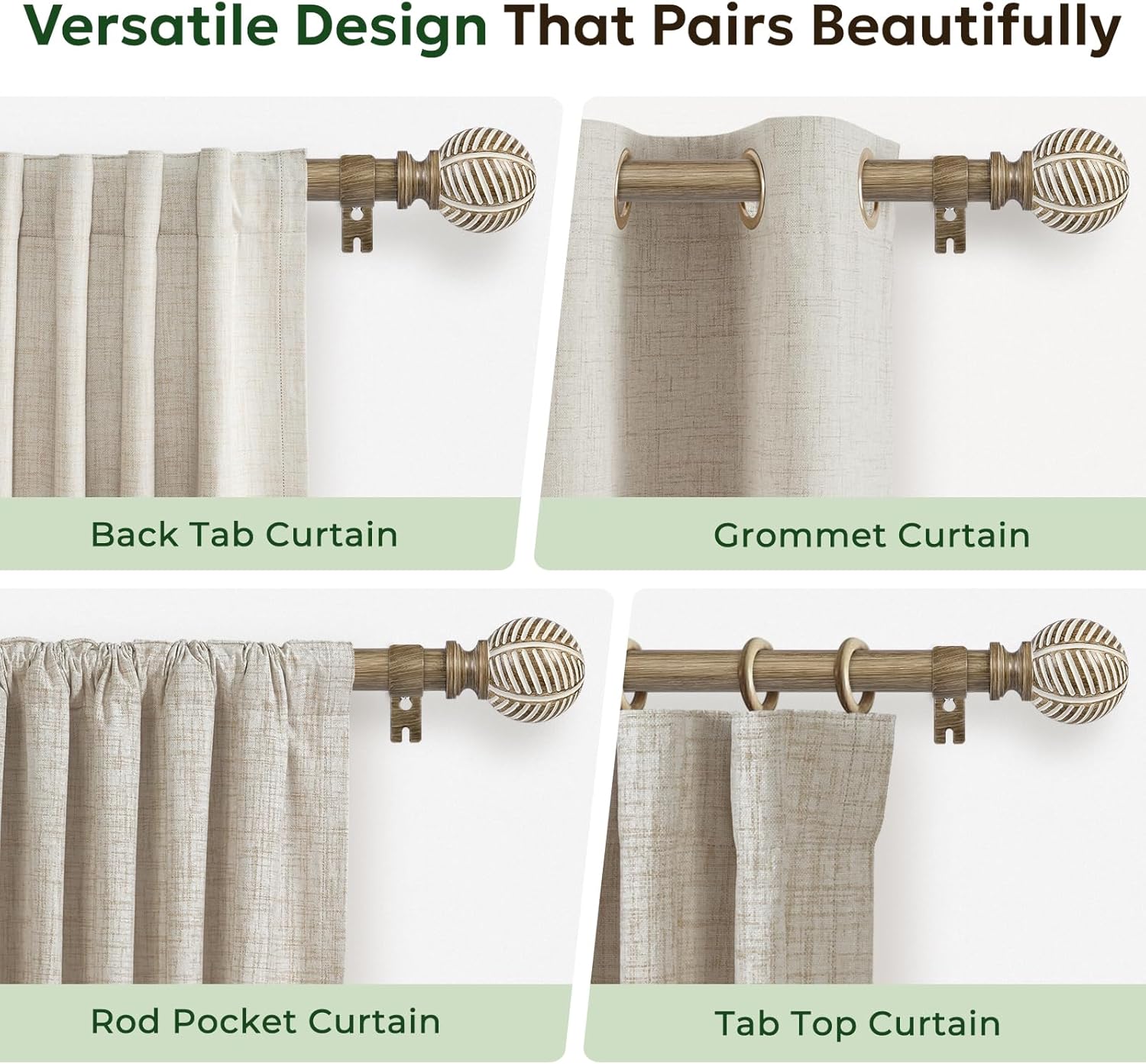 Wood Curtain Rods for Windows 66 to 120, 1 Inch Heavy Duty Drapery Rods with Imitation Wood Grain Leaf Pattern Finials, Indoor/Outdoor Modern Curtain Pole, 32"-120", Weathered