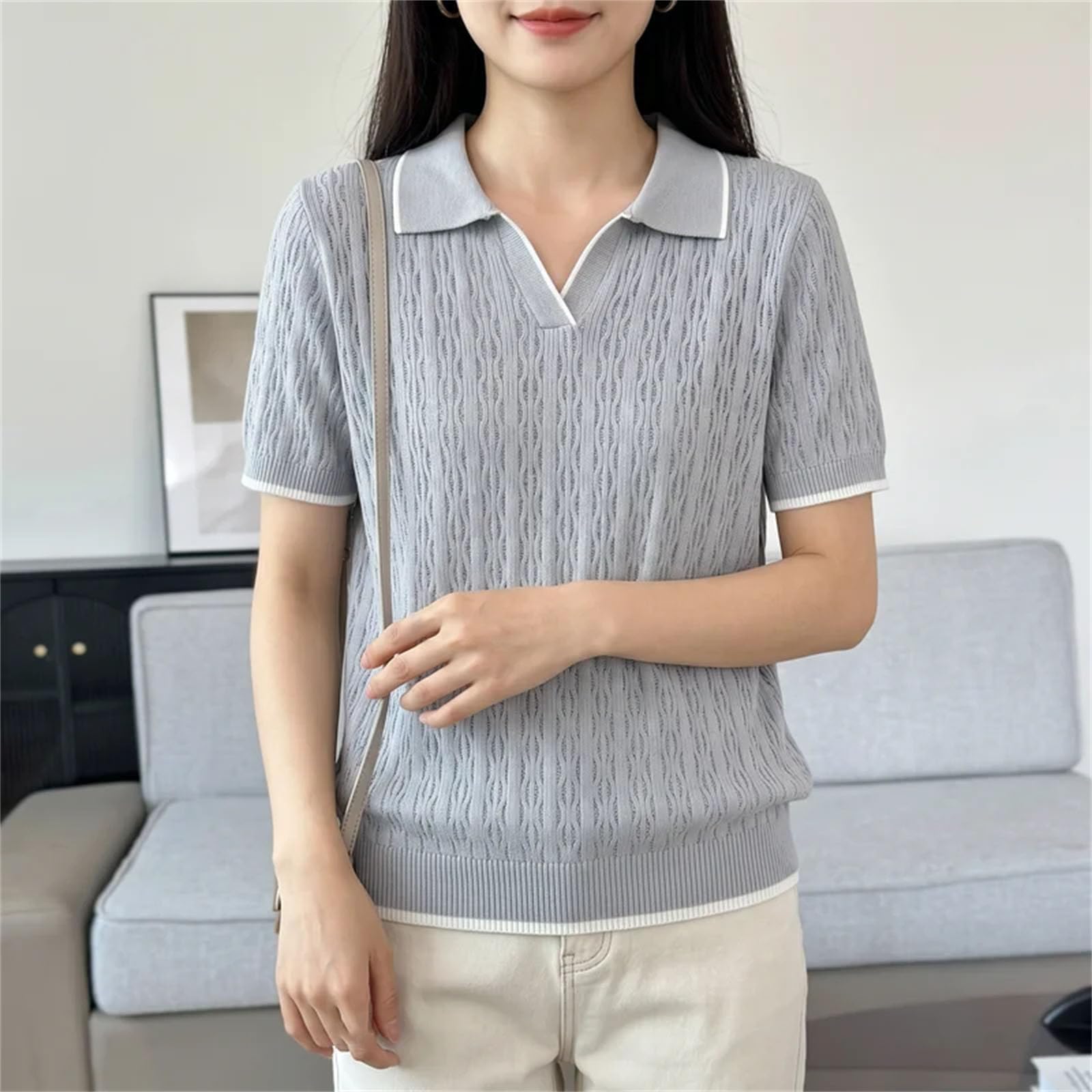 Polo da donna in cotone verde lavorato a maglia tinta unita manica corta casual pullover t-shirt