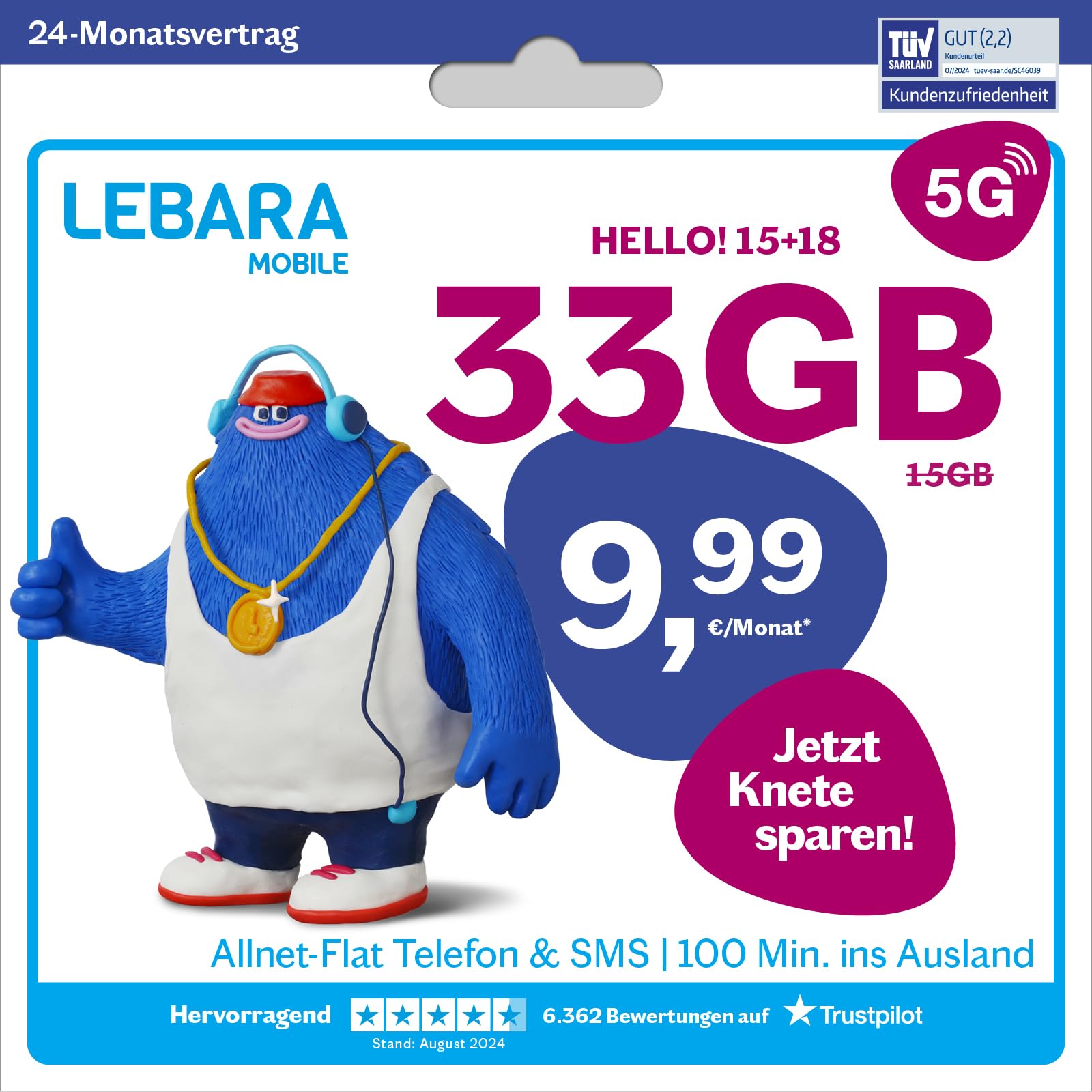 LEBARA Mobile phone tariff Hello! 15+18 | 33 GB data volume | 5G with up to 50 Mbit/s | Allnet flat telephony & SMS Germany including EU roaming | 100 minutes abroad